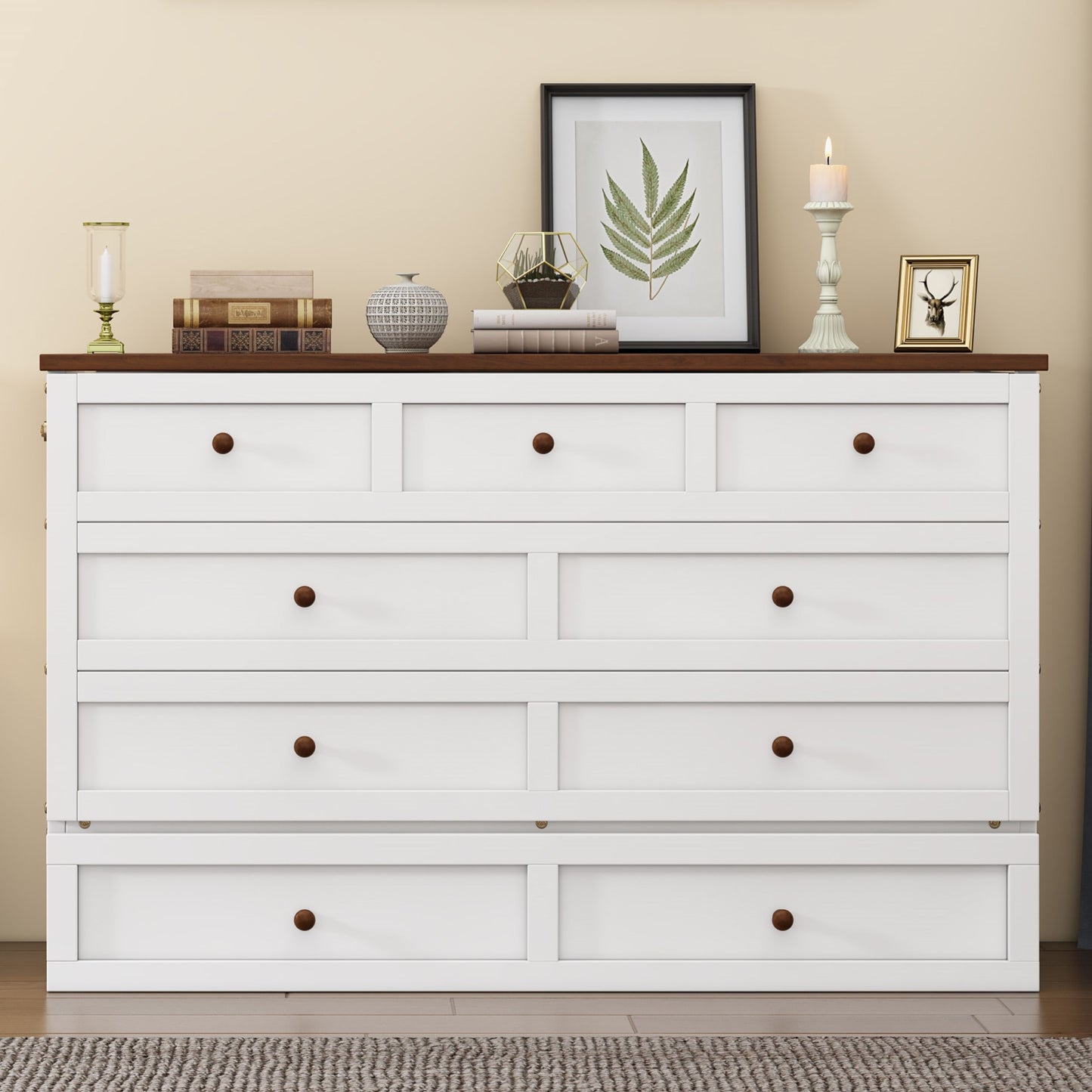 Full Solid Pine Murphy Bed Chest With Charging Station And Large Storage Drawer For Home Office Or Small Room - White / Walnut
