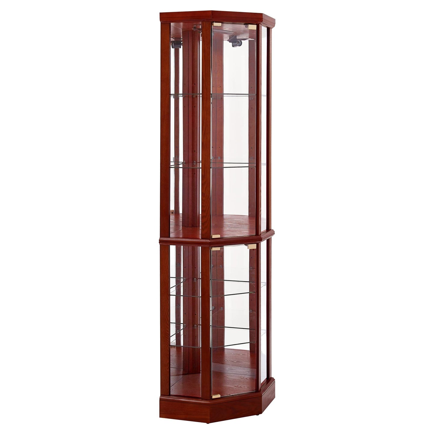 6 Shelf Lighted Corner Curio Cabinet With Adjustable Tempered Glass Shelves And Mirror Back (E26 Light Bulb Not Included) - Cherry
