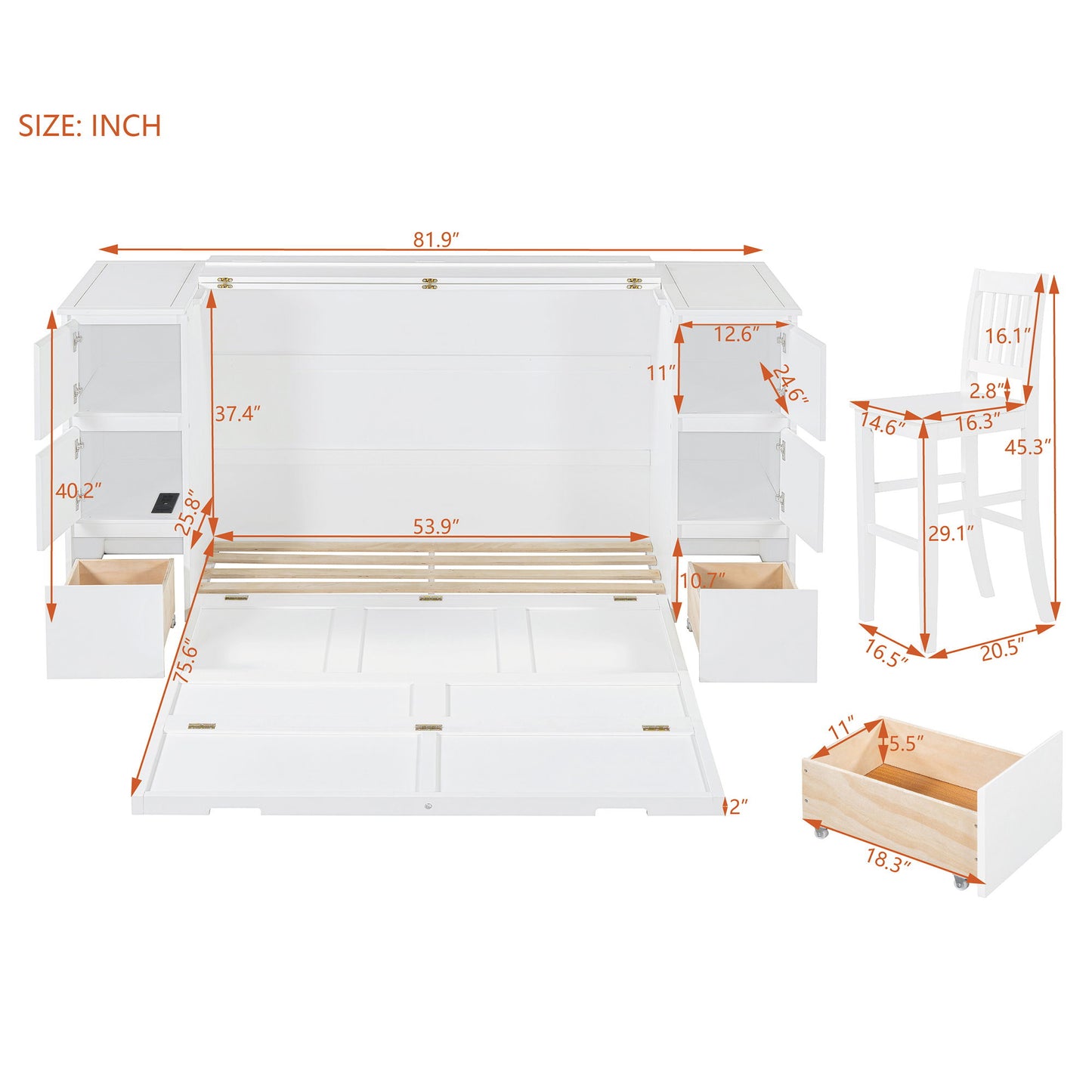 Full Size Murphy Bed With Drawers, Cabinets And USB Ports - White