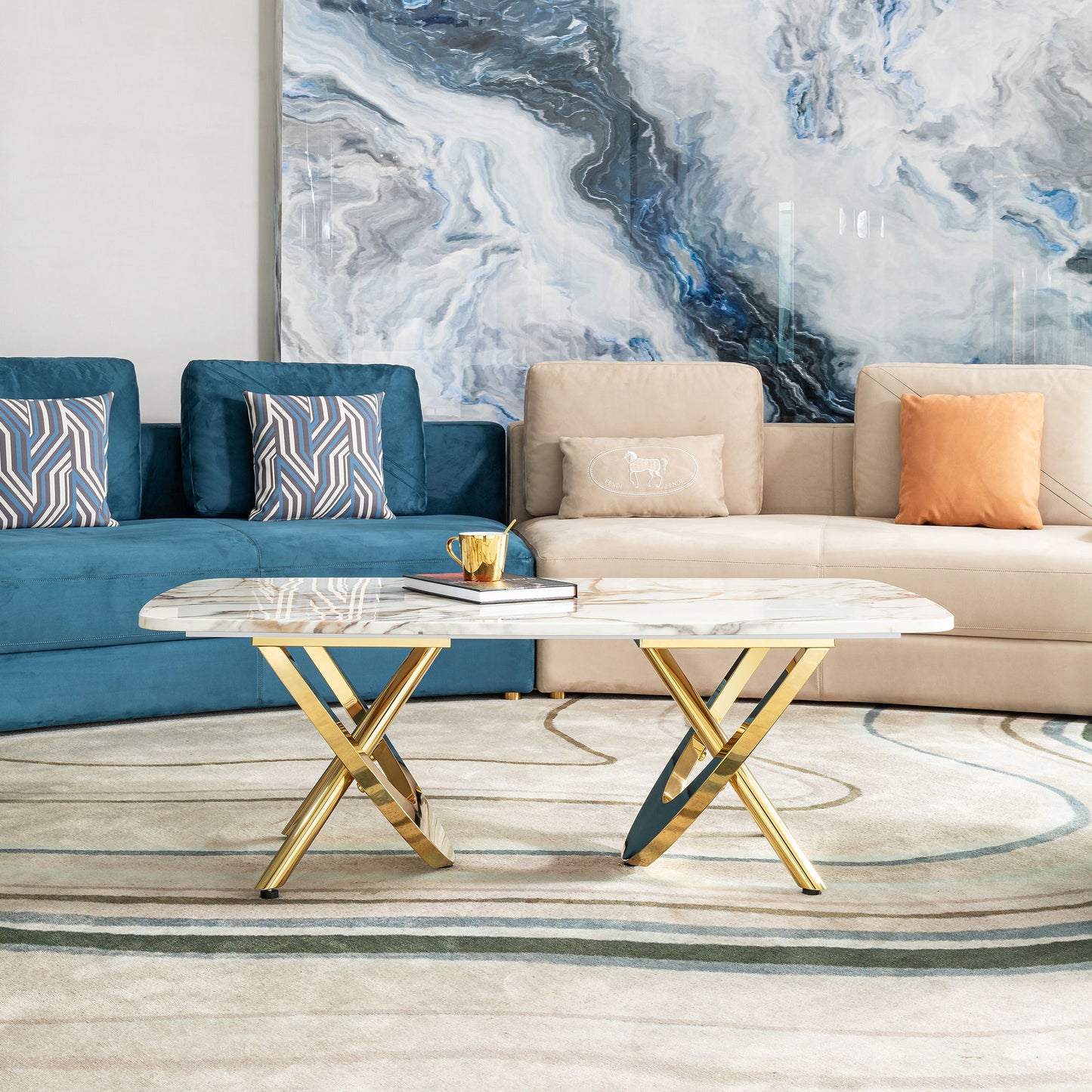 Elegant Stainless Steel Coffee Table With Marble Pattern For Living Room & Office - Gold
