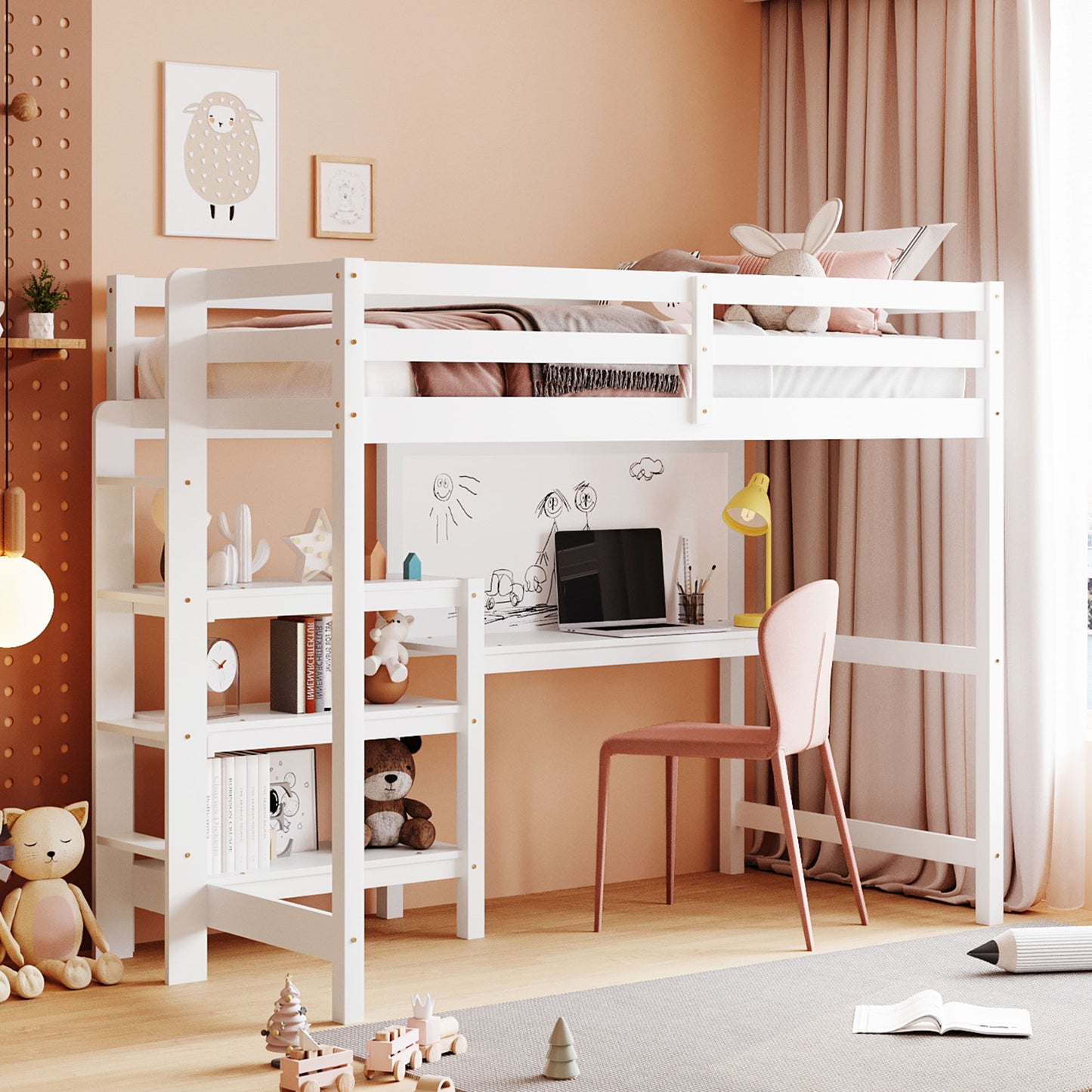 Twin Size Loft Bed With Shelves, Desk And Writing Board - White