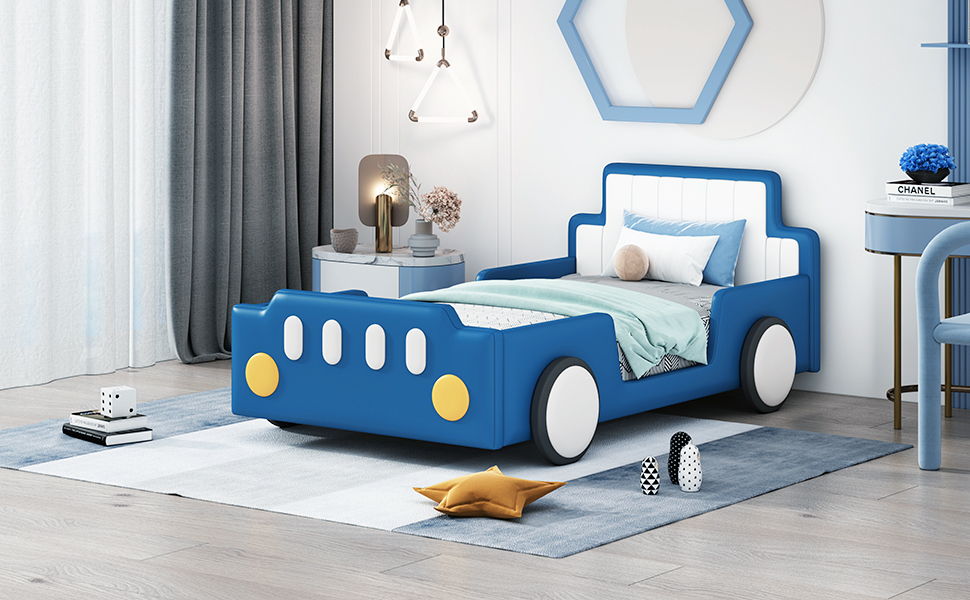 Twin Size Race Car Shaped Platform Bed & Wheels - Blue