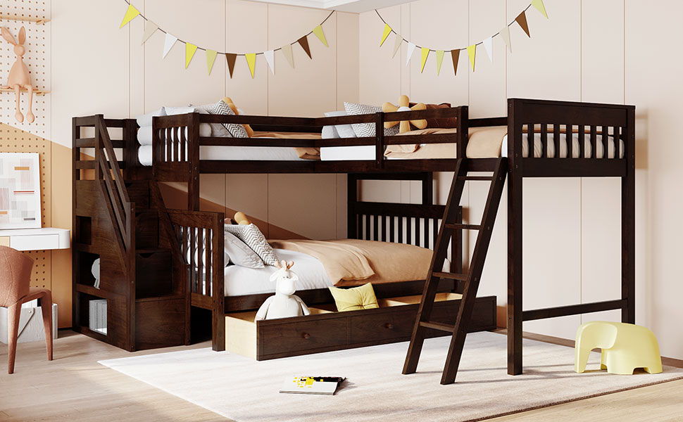 Twin Over Full L Shaped Bunk Bed With 3 Drawers, Ladder And Staircase - Espresso