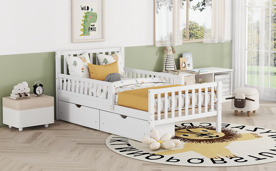 Twin Size Platform Bed With Guardrails On Both Sides And 2 Storage Drawers - White