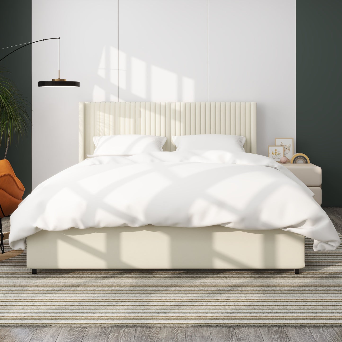 Anna - Queen Patented 2 Drawer Storage Bed, Upholstered Wingback - Ivory Velvet