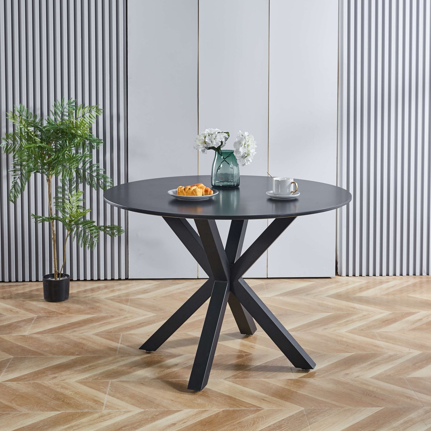 Table Mid-Century Dining Table For 4 - 6 People With Round MDF Table Top, Pedestal Dining Table, End Table Leisure Coffee Table, Cross Leg - Black