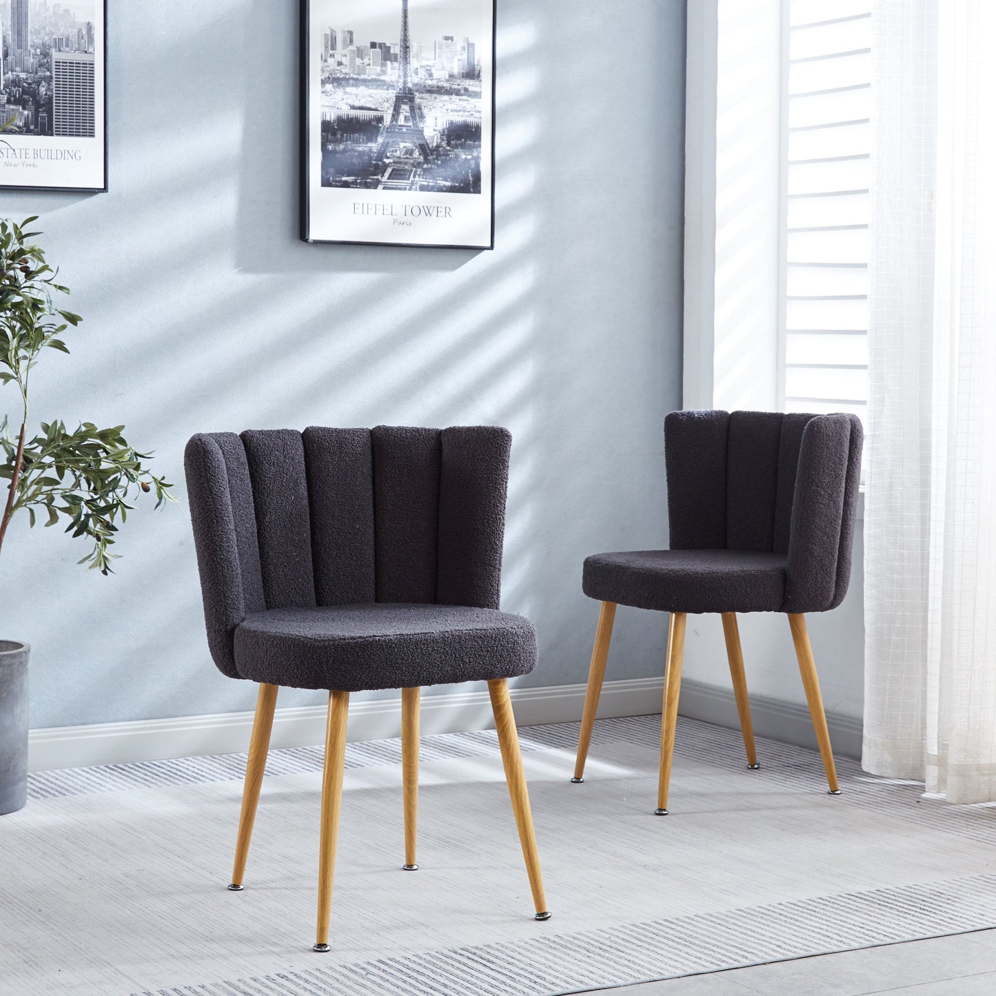 Modern Dining Chair (Set of 2) With Iron Tube Wood Color Legs, Shorthair Cushions And Comfortable Backrest, Suitable For Dining Room, Living Room, Cafe, Simple Structure - Gray