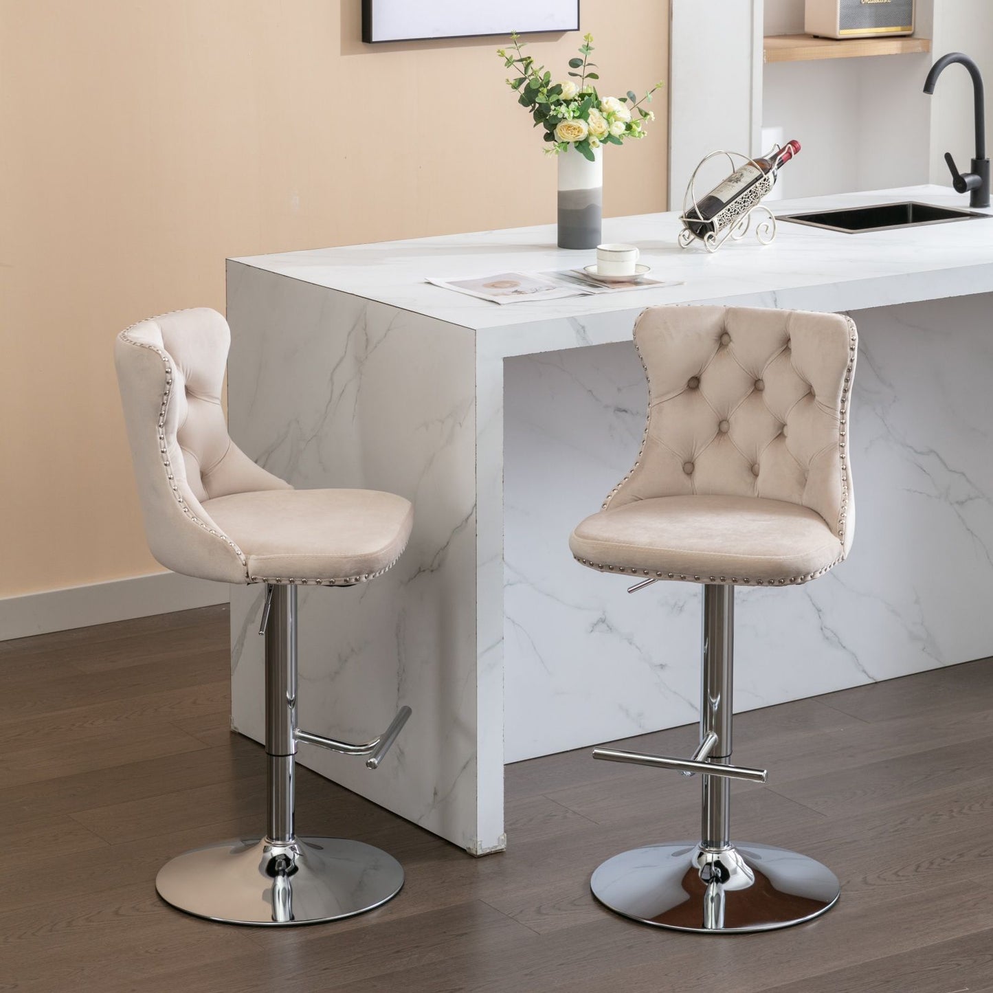 Swivel Velvet Barstools Adjusatble Seat Height From 25-33", Modern Upholstered Chrome Base Bar Stools With Backs Comfortable Tufted For Home Pub And Kitchen Island (Set of 2) - Beige