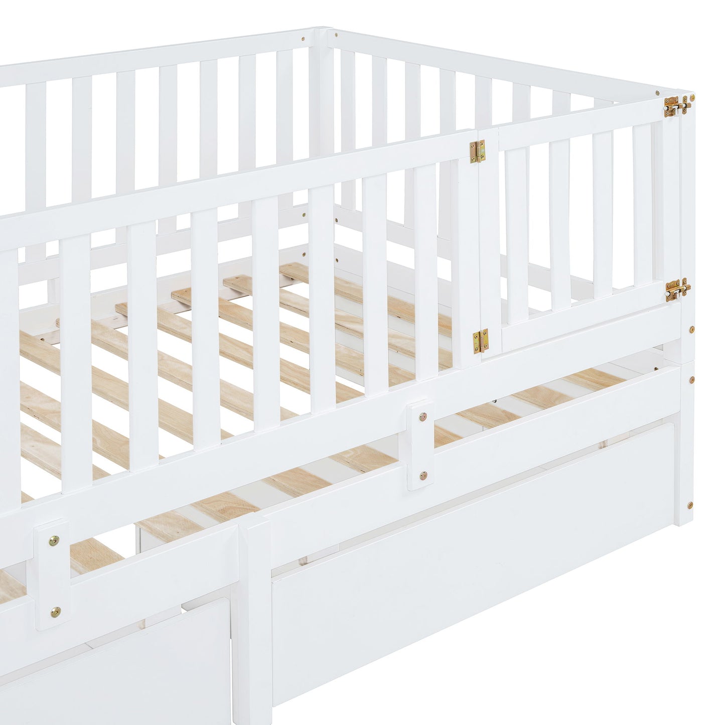 Twin Size Daybed With Fence Guardrails And 2 Drawers, Split Into Independent Floor Bed & Daybed - White