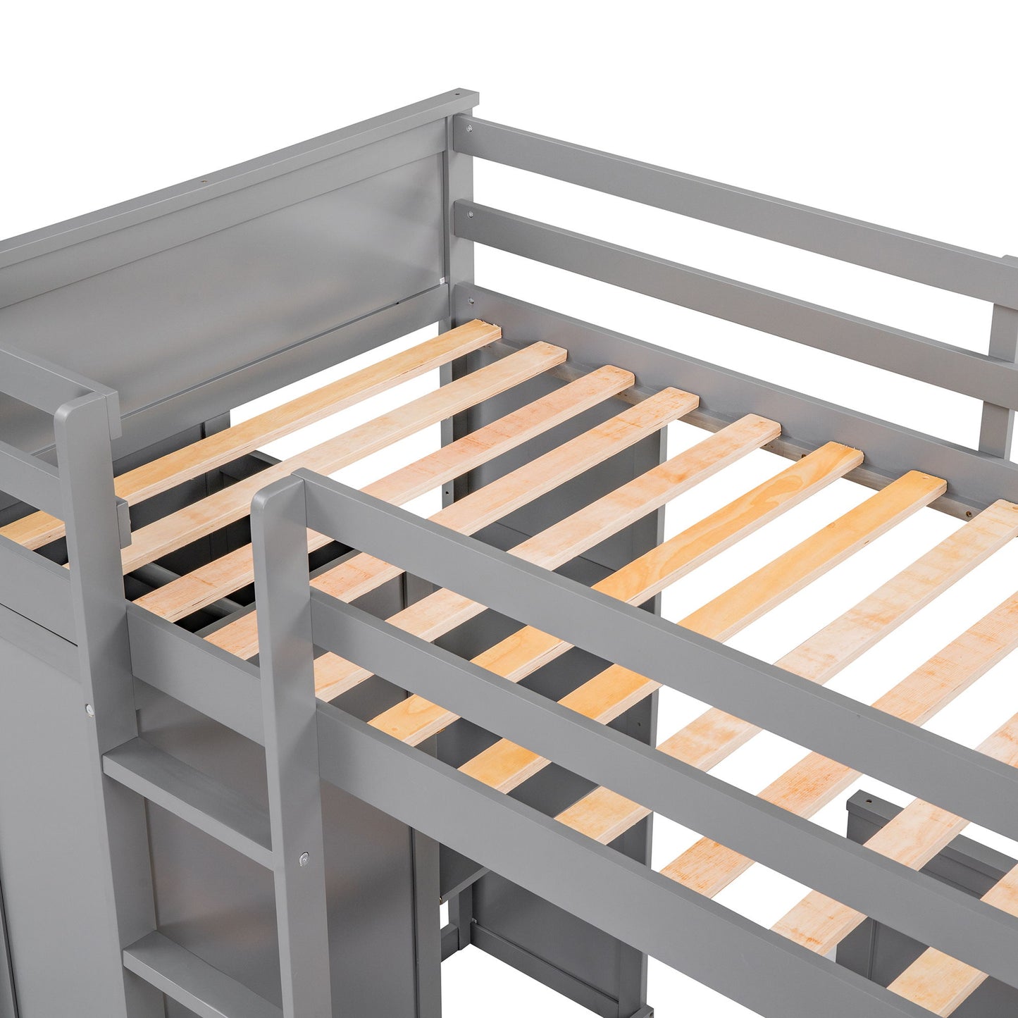 Twin Size Loft Bed With A Stand Alone Bed, Shelves, Desk, And Wardrobe - Gray