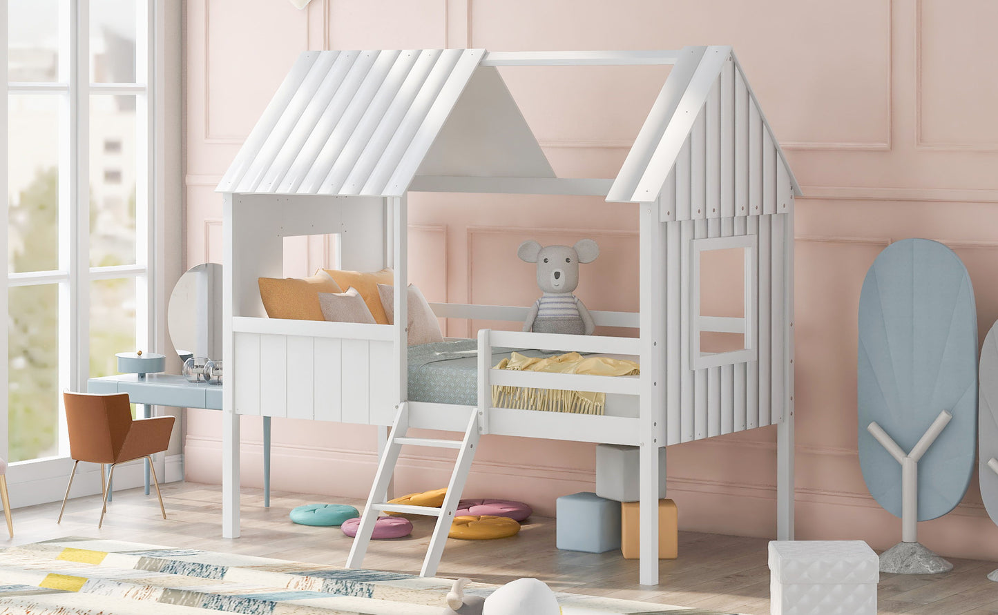 Twin Size Low Loft House Bed With Two Side Windows - White