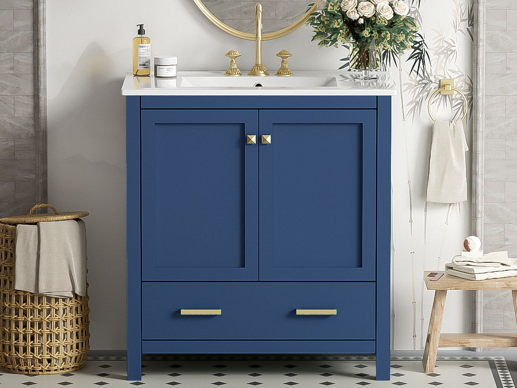 Bathroom Vanity With Single Sink, Combo Cabinet Undermount Sink, Bathroom Storage Cabinet With 2 Doors And A Drawer, Soft Closing, Multifunctional Storage, Solid Wood Frame - Blue