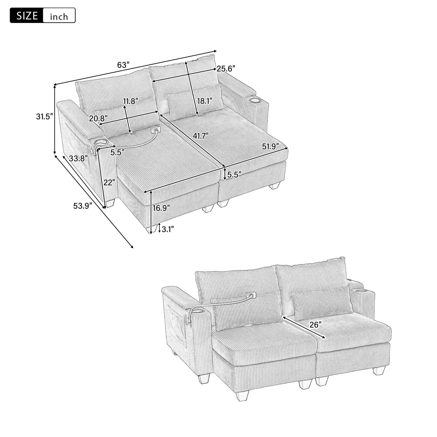 Convertible Chaise Lounge Loveseat Sofa Bed With USB Ports, Cup Holders, Phone Holder, Storage - Brown