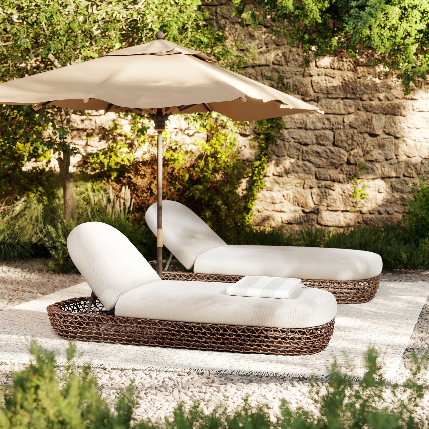 Willow - Sunbrella Upholstered Woven Patio Lounger, Wicker Frame - Wheat Beige / Golden Brown