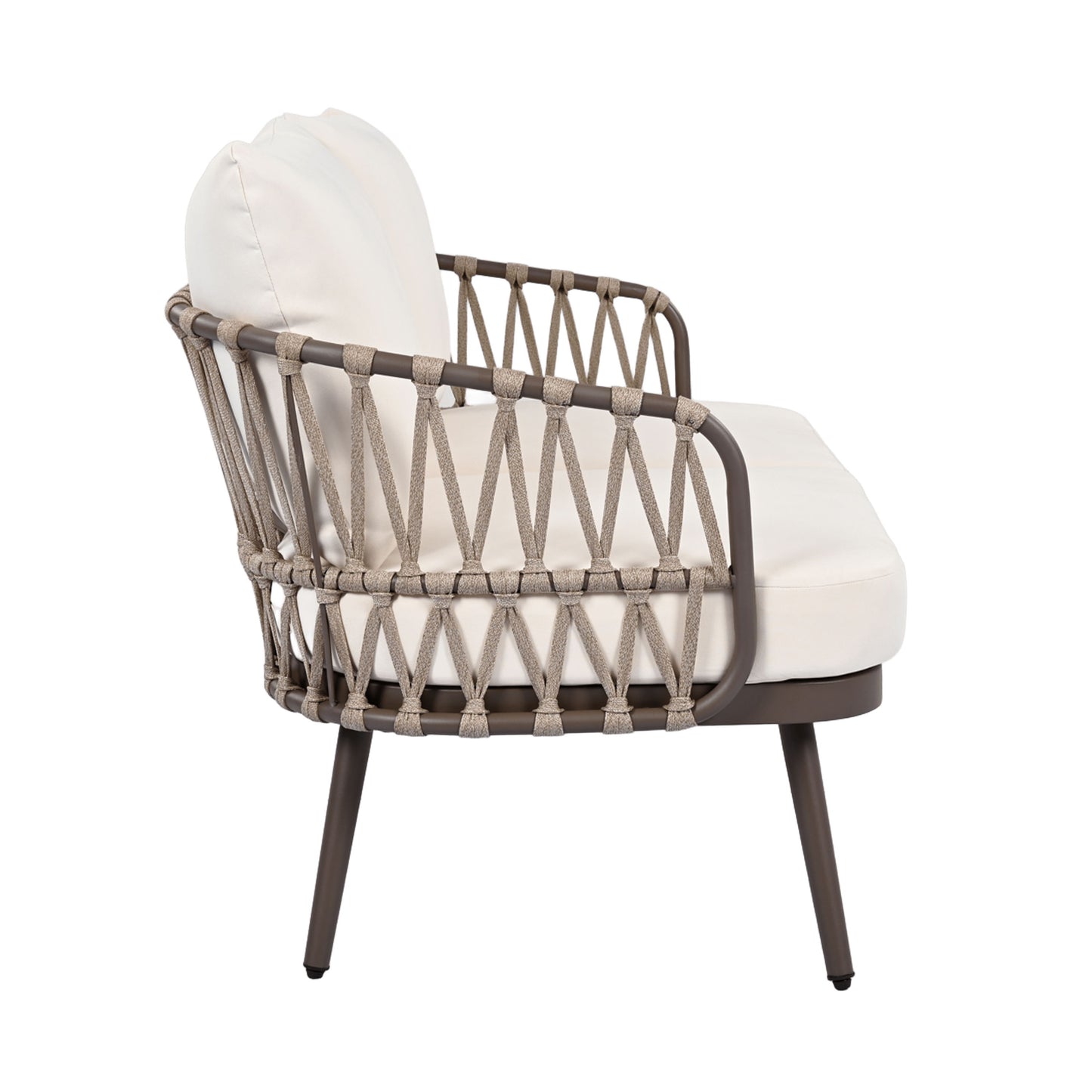 4 Piece Outdoor Patio Furniture Set, Metal Chairs With Woven Rope U Shaped Backrest, Outdoor Conversation Set With Thick Cushions And Coffee Table For Garden, Poolside, Balcony - Brown / Beige