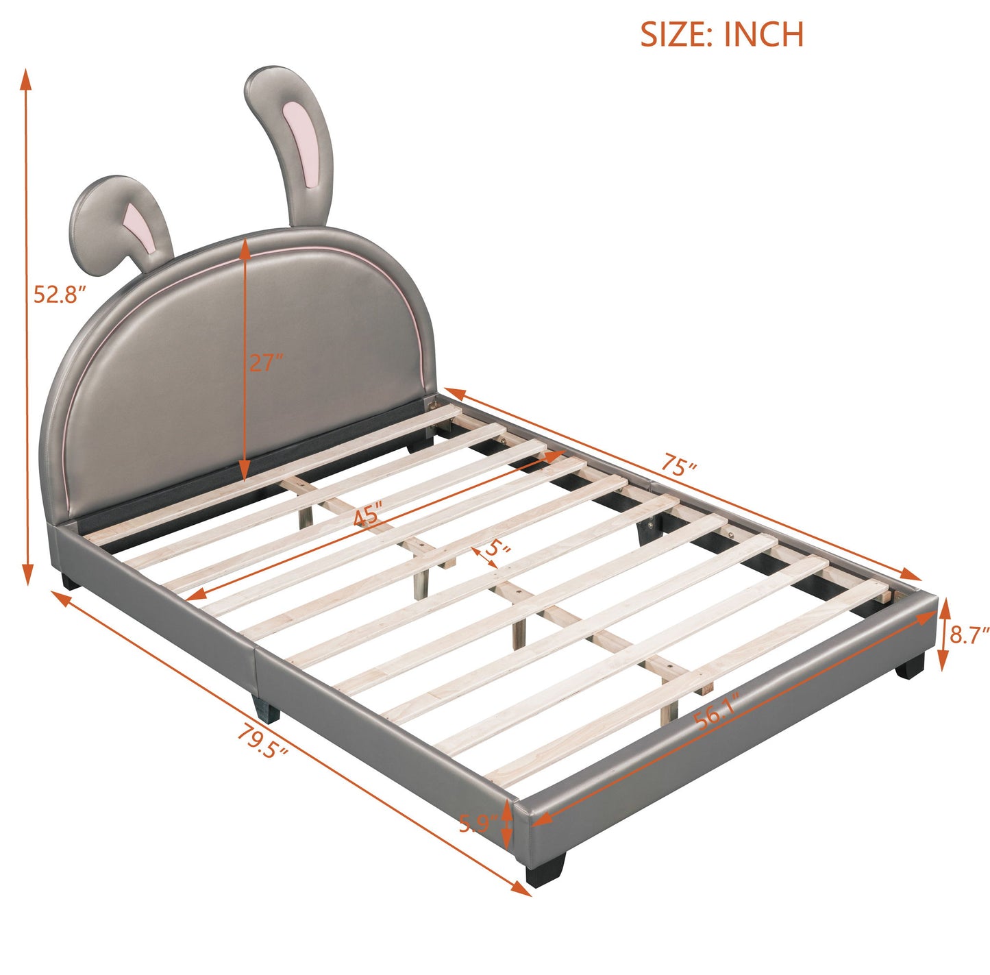 Full Size Upholstered Leather Platform Bed With Rabbit Ornament - Gray