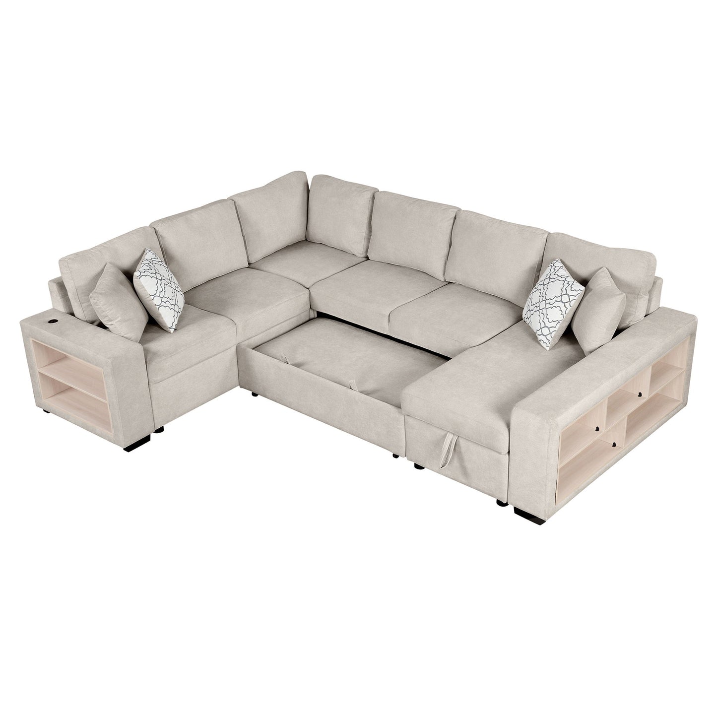 U-Shaped Sectional Sofa Pull-Out Sofa Bed With Two USB Ports, A Storage Chaise Lounge And Four Back Pillows For Living Room - Beige