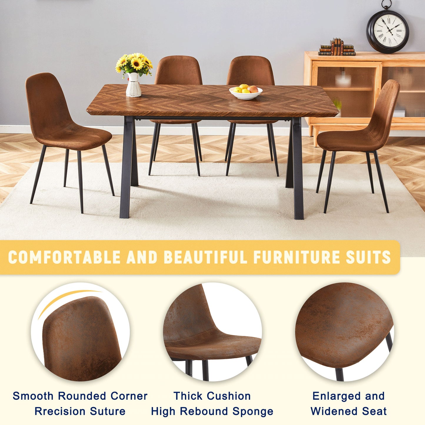 Modern Transferred Leg Backrest Dining Chair And Herringbone Dining Table Set Model Of Elegance And Durability For Home Furnishing - Brown / Walnut