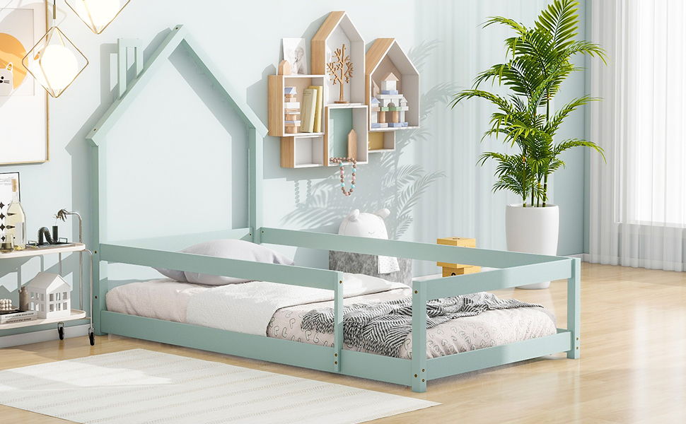 Twin Size Wood Bed With House-Shaped Headboard Floor Bed With Fences - Light Green