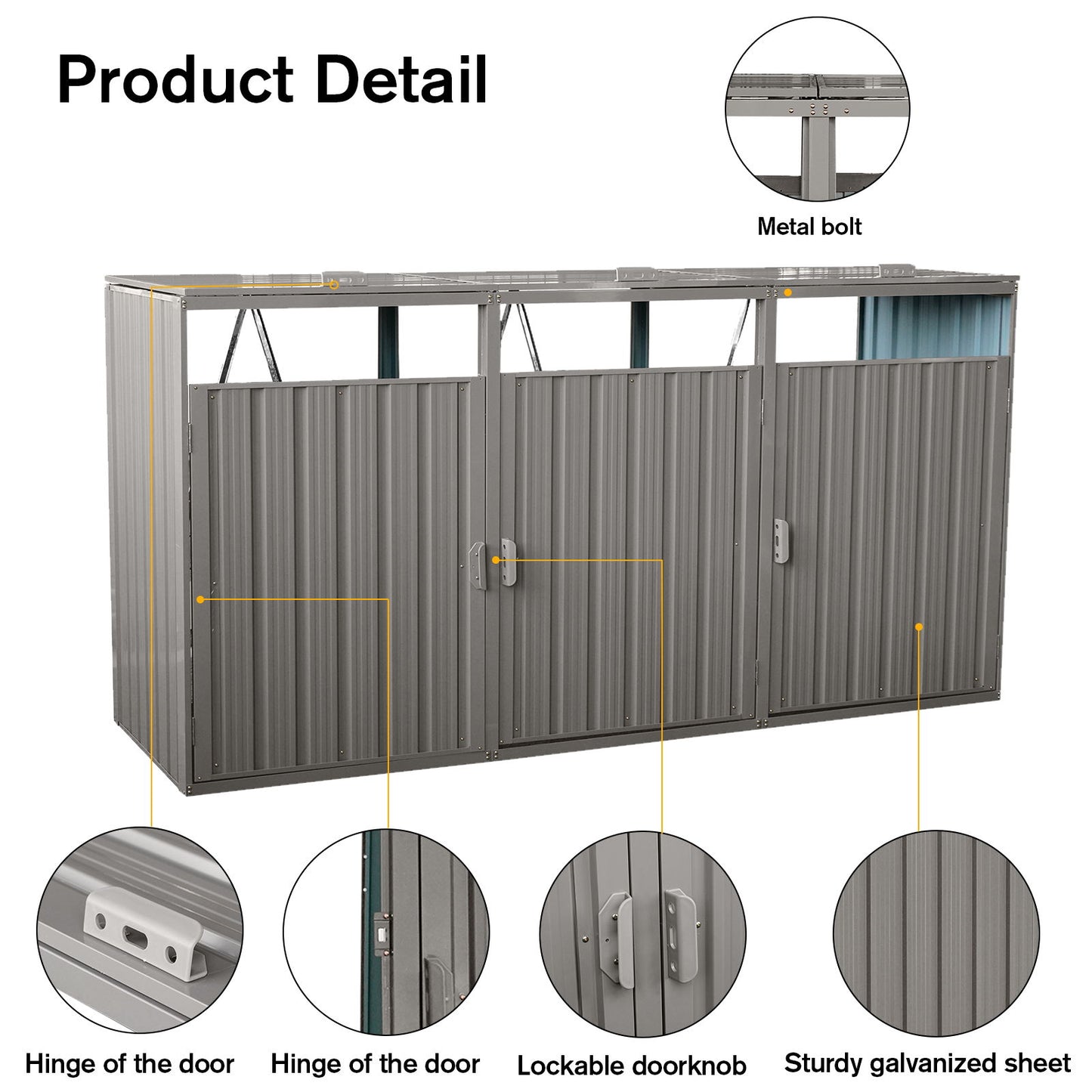 Garbage Bin Shed Stores 3 Trash Cans Metal Outdoor Bin Shed For Garbage Storage, Stainless Galvanized Steel, Bin Shed For Garden Yard Lawn - Gray