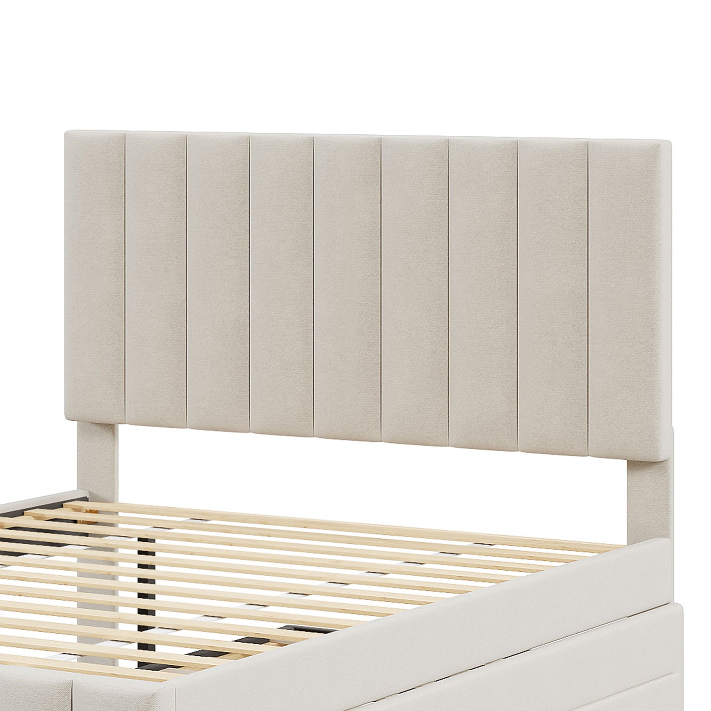 Full Size Upholstered Platform Bed With Twin Size Trundle And 3 Drawers - Beige