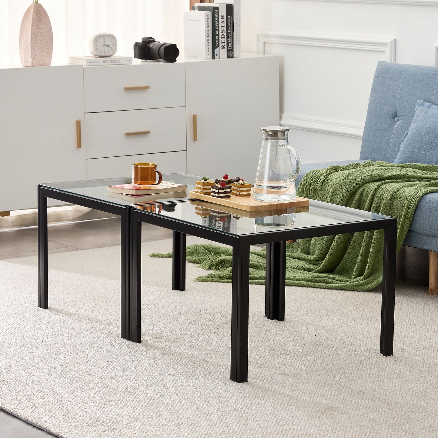 Coffee Table (Set of 2), Square Modern Table With Tempered Glass Finish For Living Room - Transparent / Black