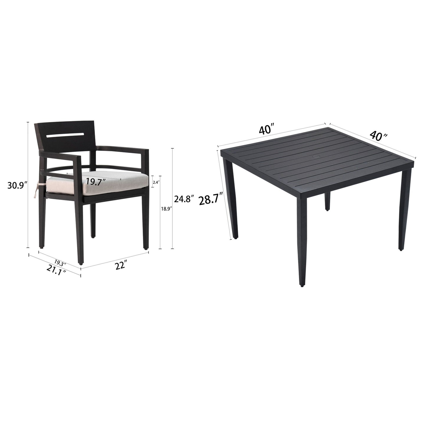 5 Piece Outdoor Patio Modern Dining Set, 4 Dining Chairs Sunbrella Fabric And Square Dining Table With Umbrella Hole - Ember Black