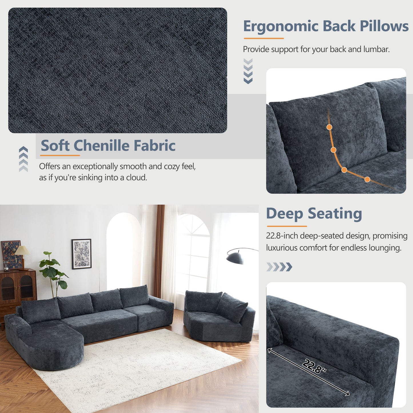 Oversized Modular Sofa Cloud Sectional Sofa Set Upholstered Couches U - Shaped Sofa With Deep Seat For Living Room - Gray