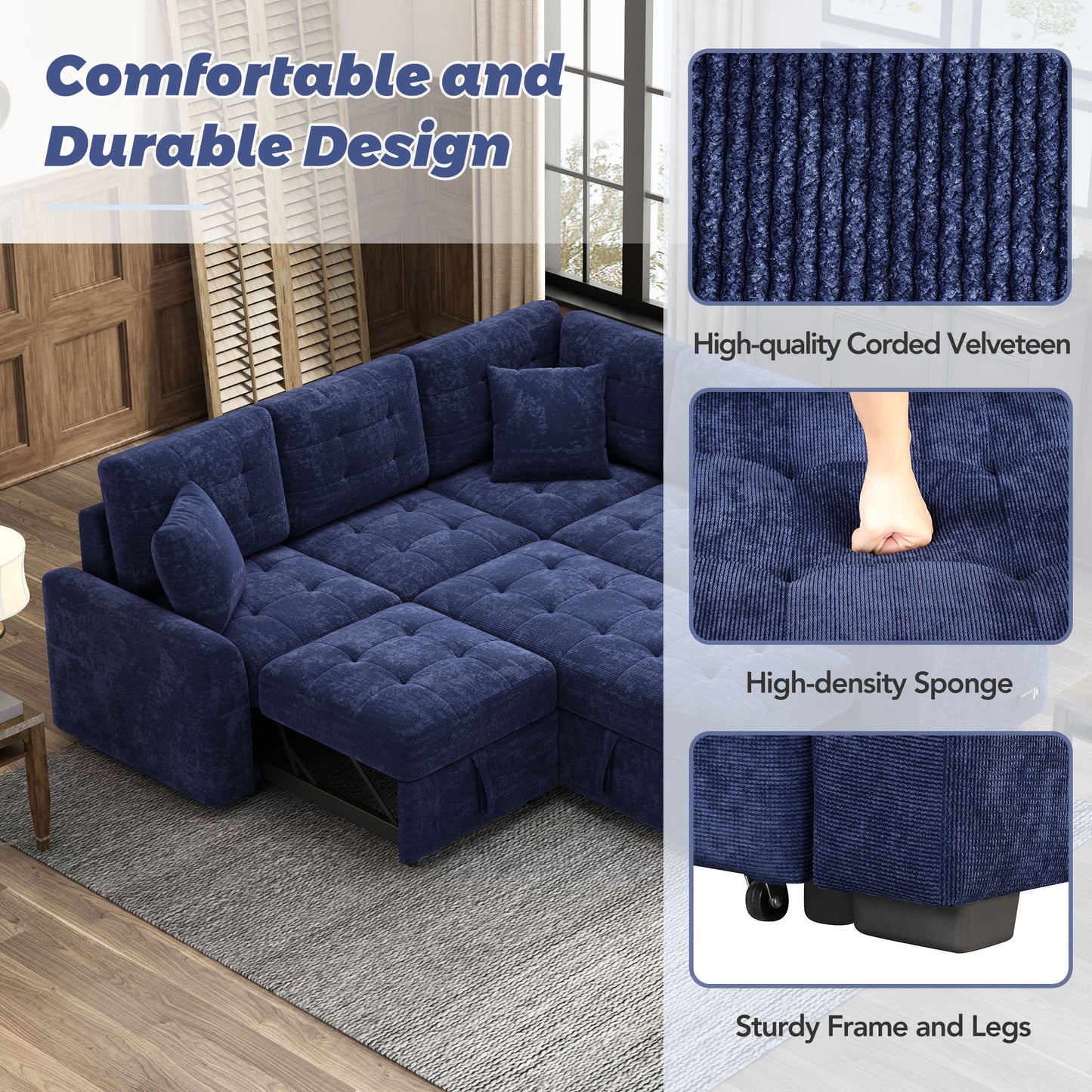 L-Shape Sofa Bed Pull-Out Sleeper Sofa With Wheels, USB Ports, Power Sockets For Living Room - Navy Blue