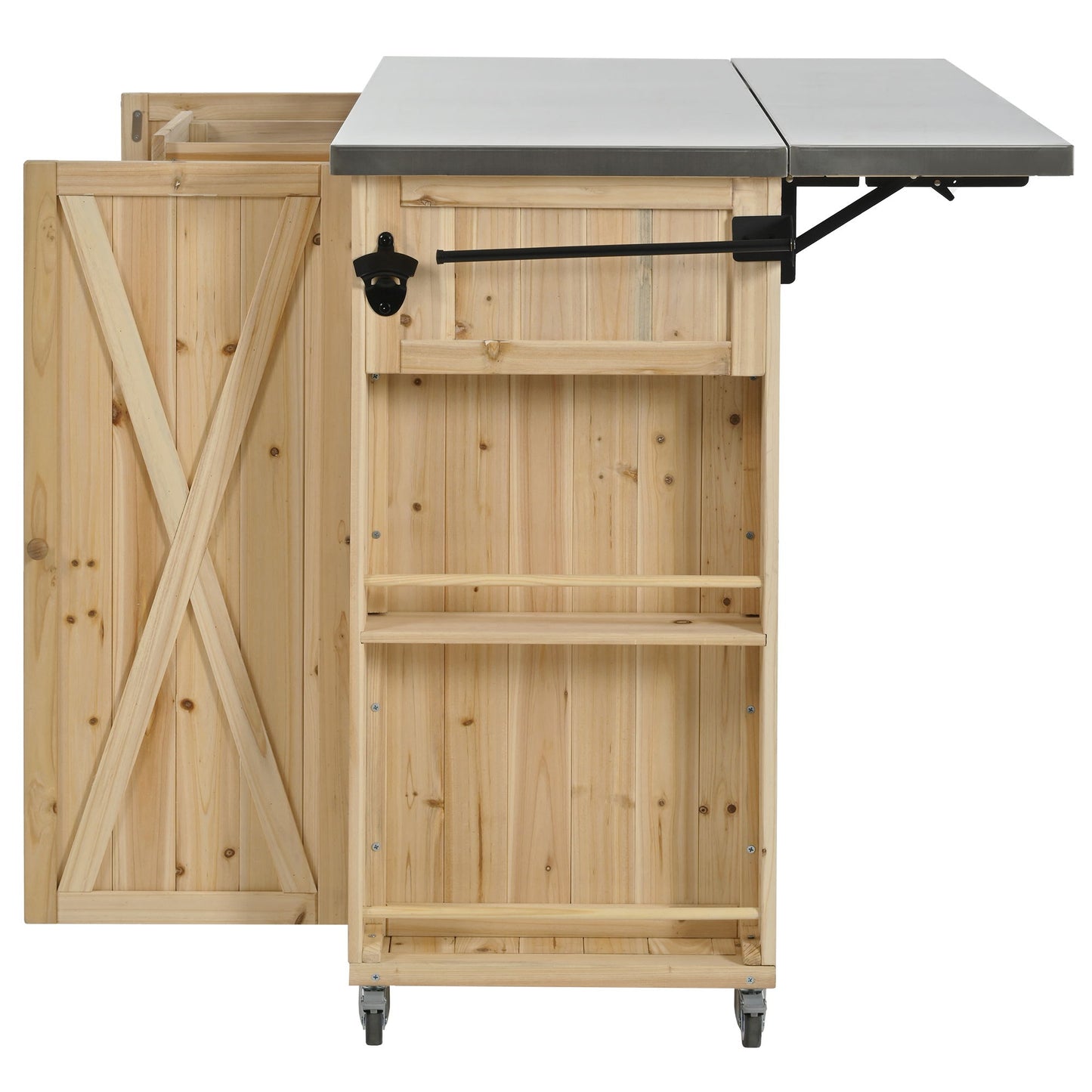 Outdoor Kitchen Island Fir Wood Kitchen Island With Stainless Steel Top, Ample Storage Space, Towel And Spice Racks And A Bottle Opener For Outdoor - Natural