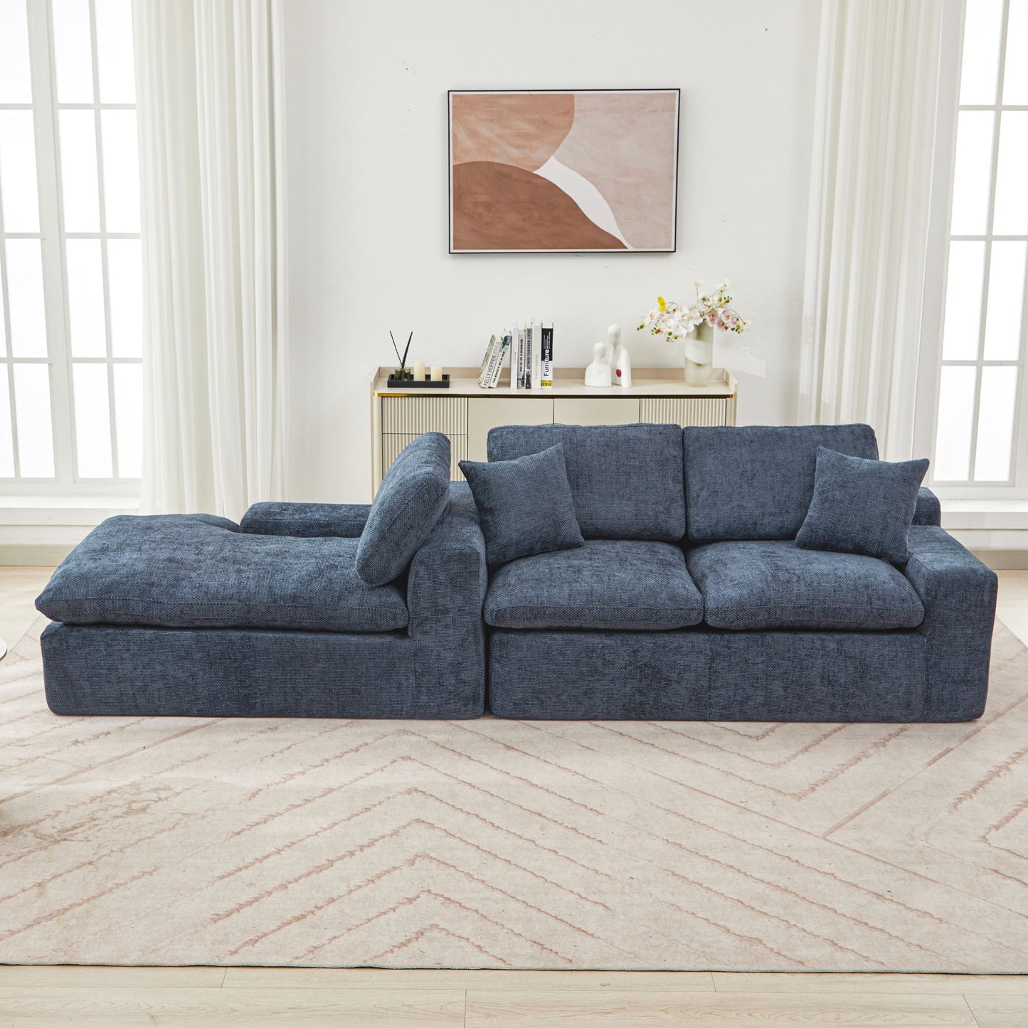 Cloud Sectional Sofa Upholstered Sofa Couch With Double-Layer Cushion And Side Pockets - Blue
