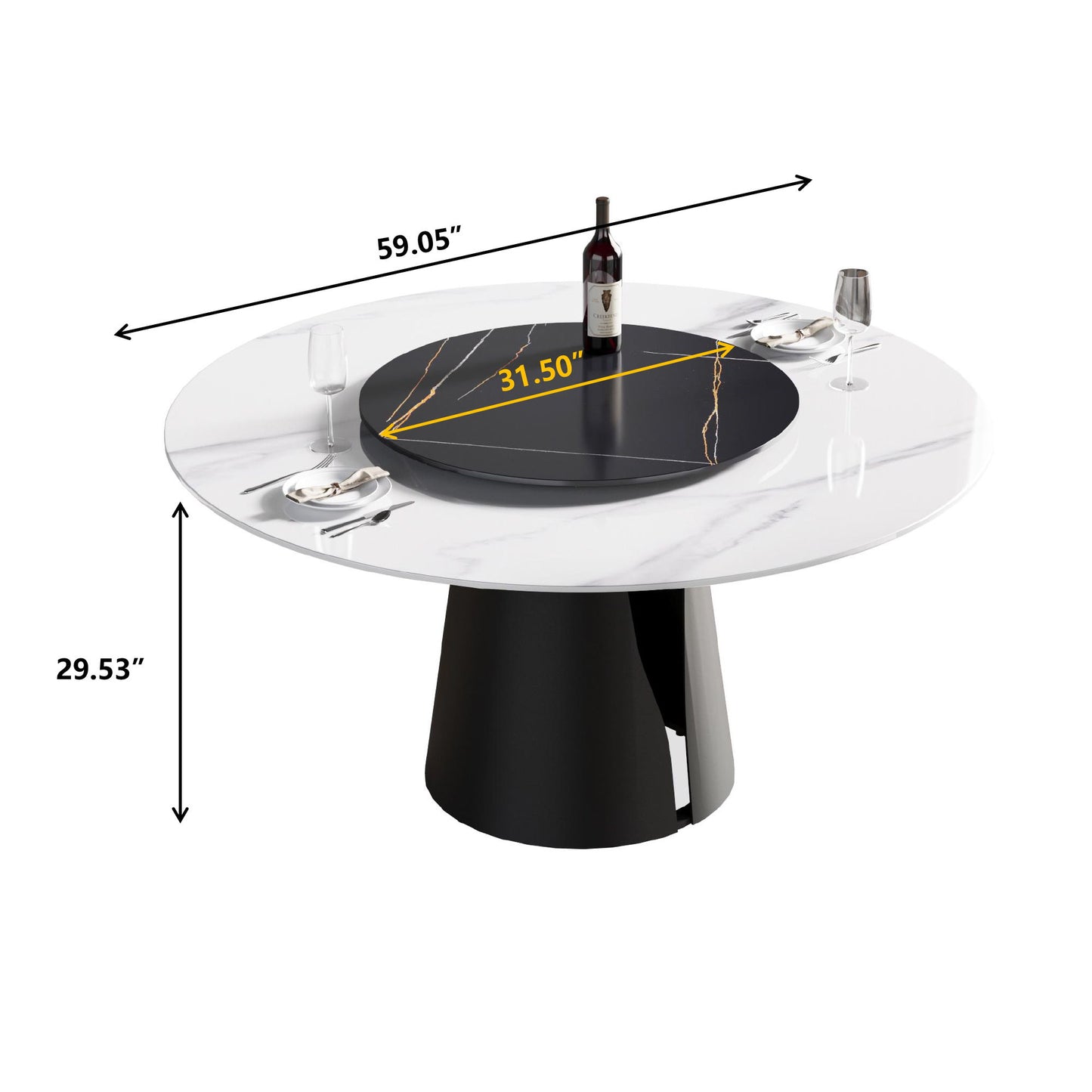 59.05" Modern Artificial Stone Round Carbon Steel Base Dining Table, Can Accommodate 6 People, Black Artificial Stone Turntable - White / Black