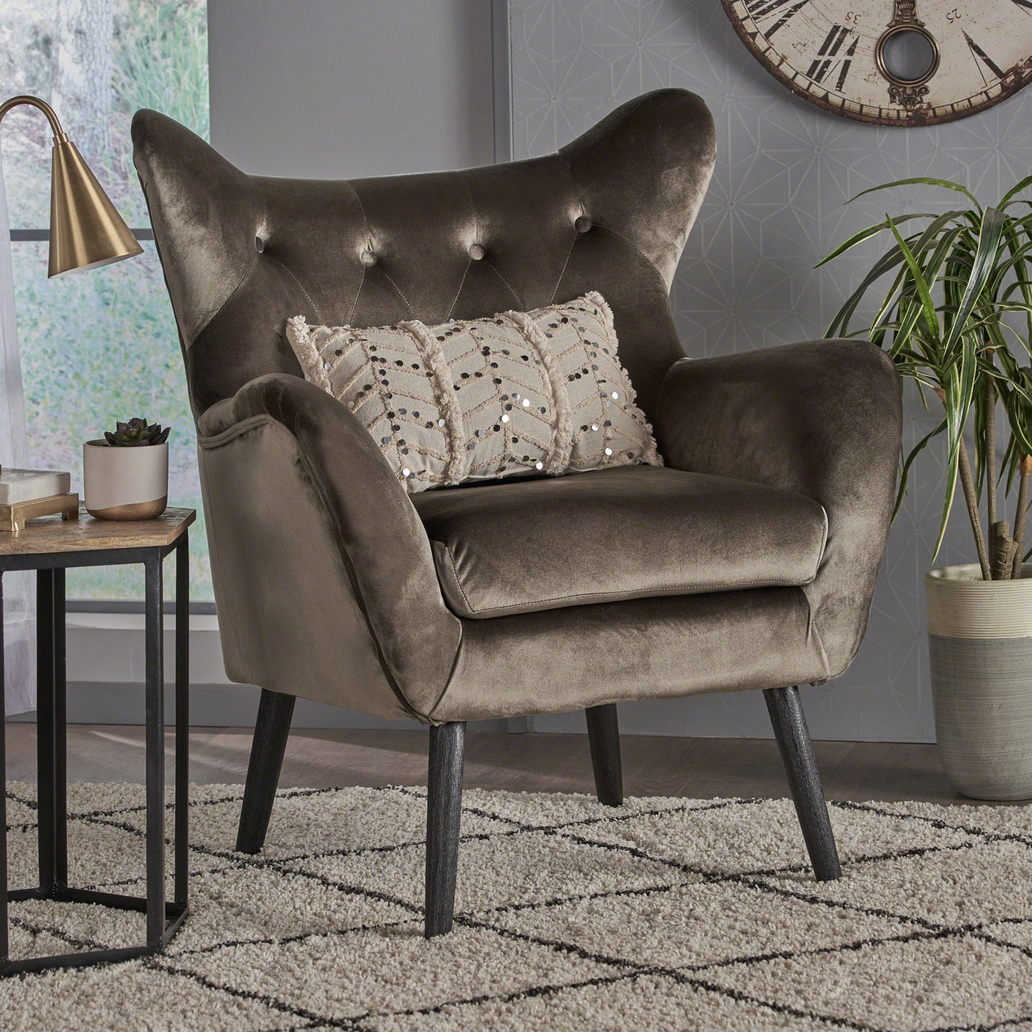 Modern Velvet Arm Chair With Tufted Wingback Design - Gray