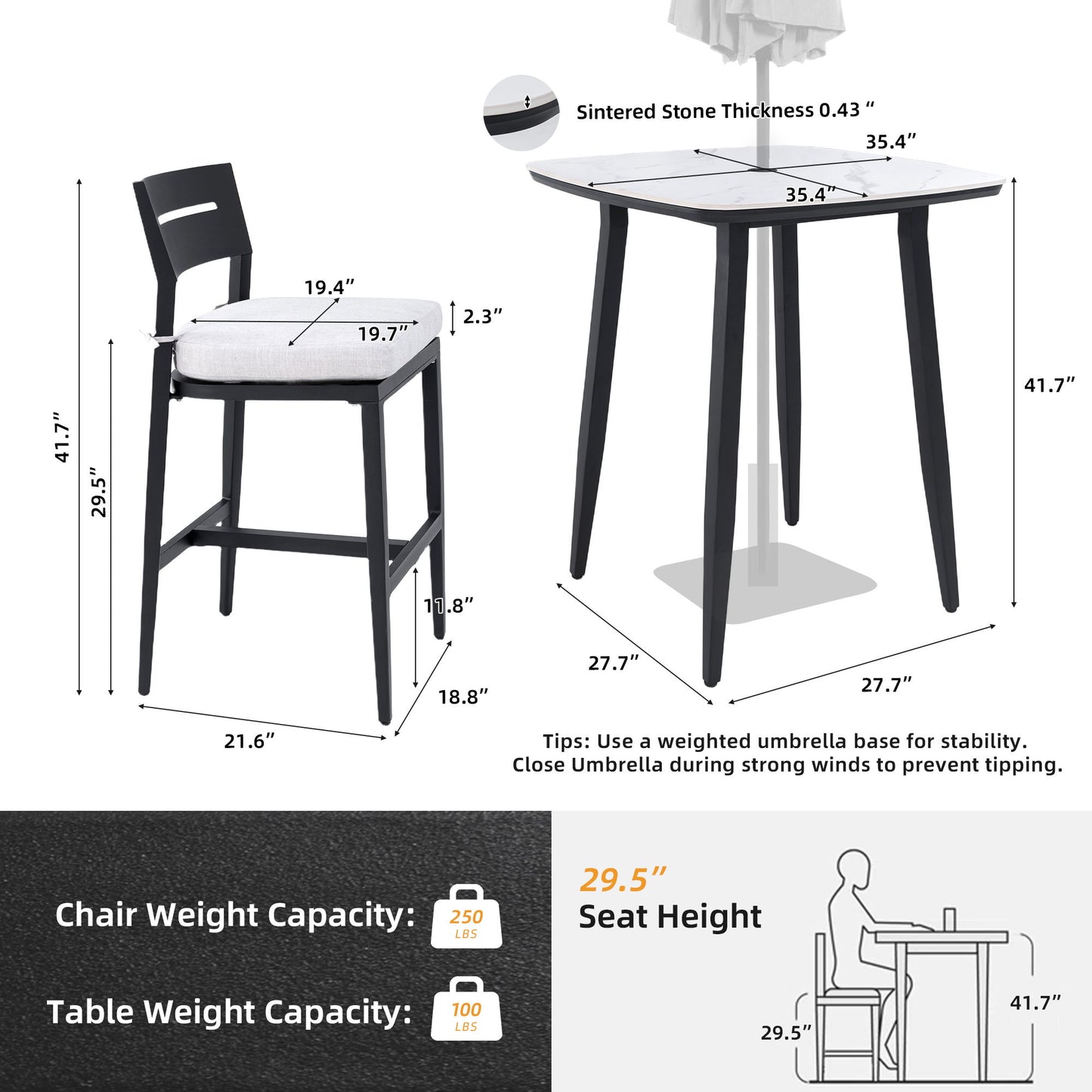 5 Pieces Modern Outdoor Bar Set, Sintered Stone Table With White Inspired Top & 4 Bar Stools, Sunbrella Cushions, Weather Resistant - Ember Black / White
