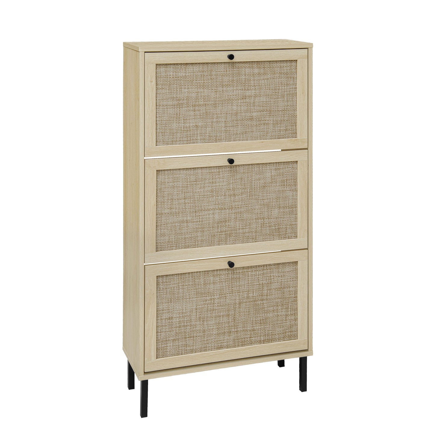 Modern Freestanding Rattan 3 Door Shoe Rack Storage Cabinet For Entryway - Natural Particle Board