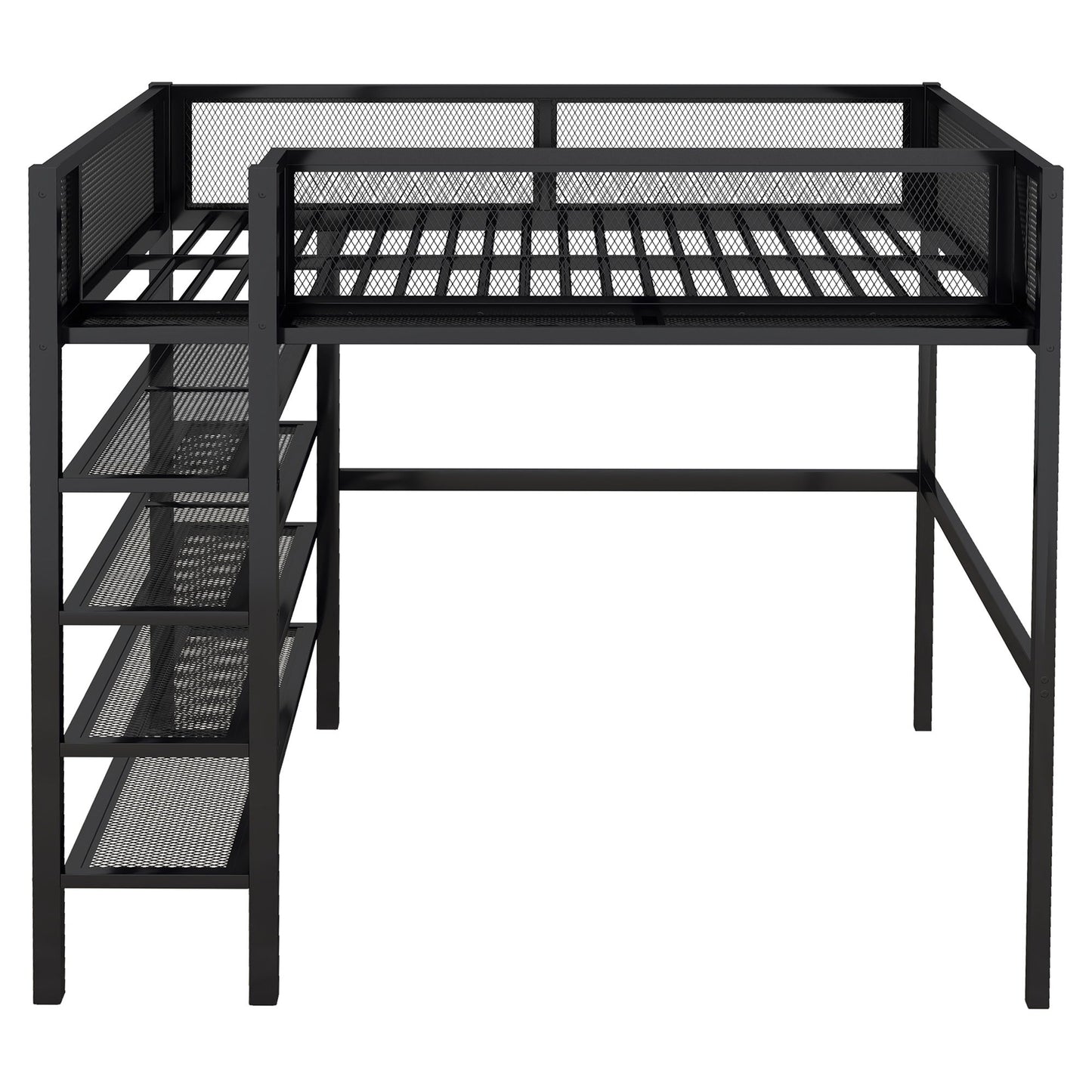 Full Size Loft Bed With 4 Tier Shelves And Storage - Black