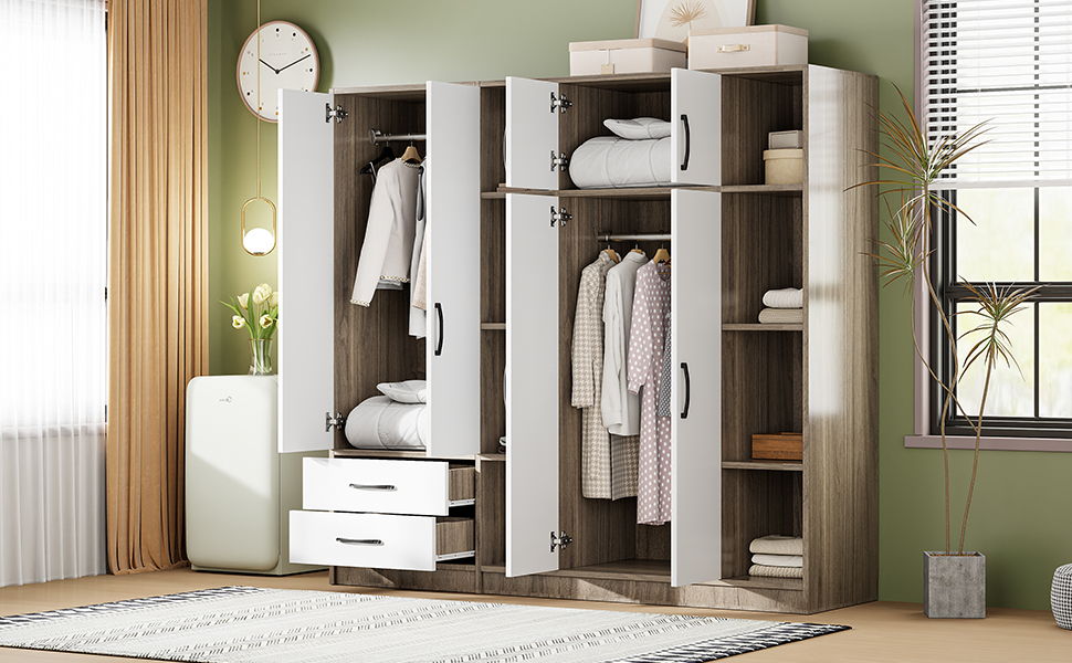 6 Door Wardrobe With Shelves And Drawers - Natural