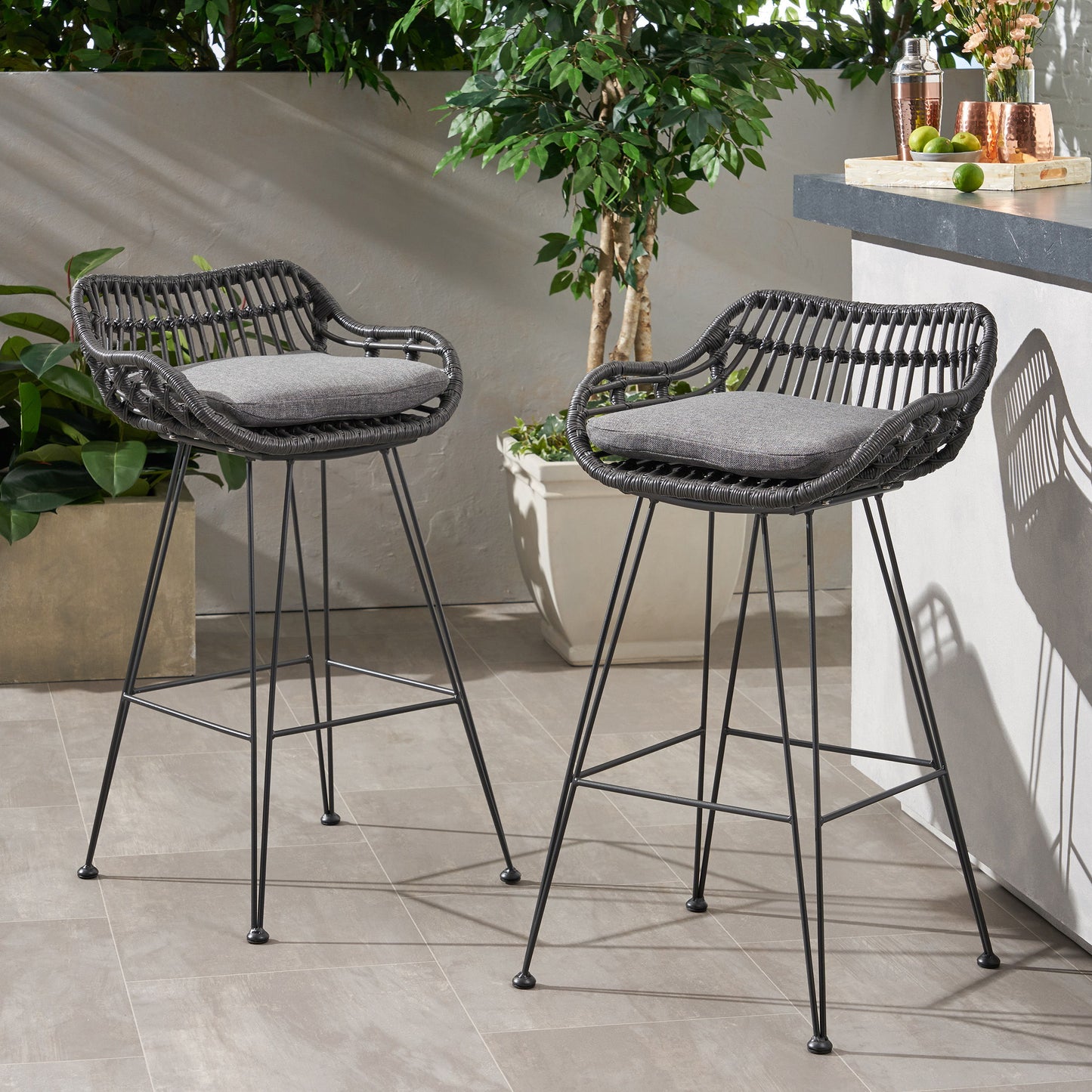 Outdoor Wicker Barstool With Cushions (Set of 2) - Gray