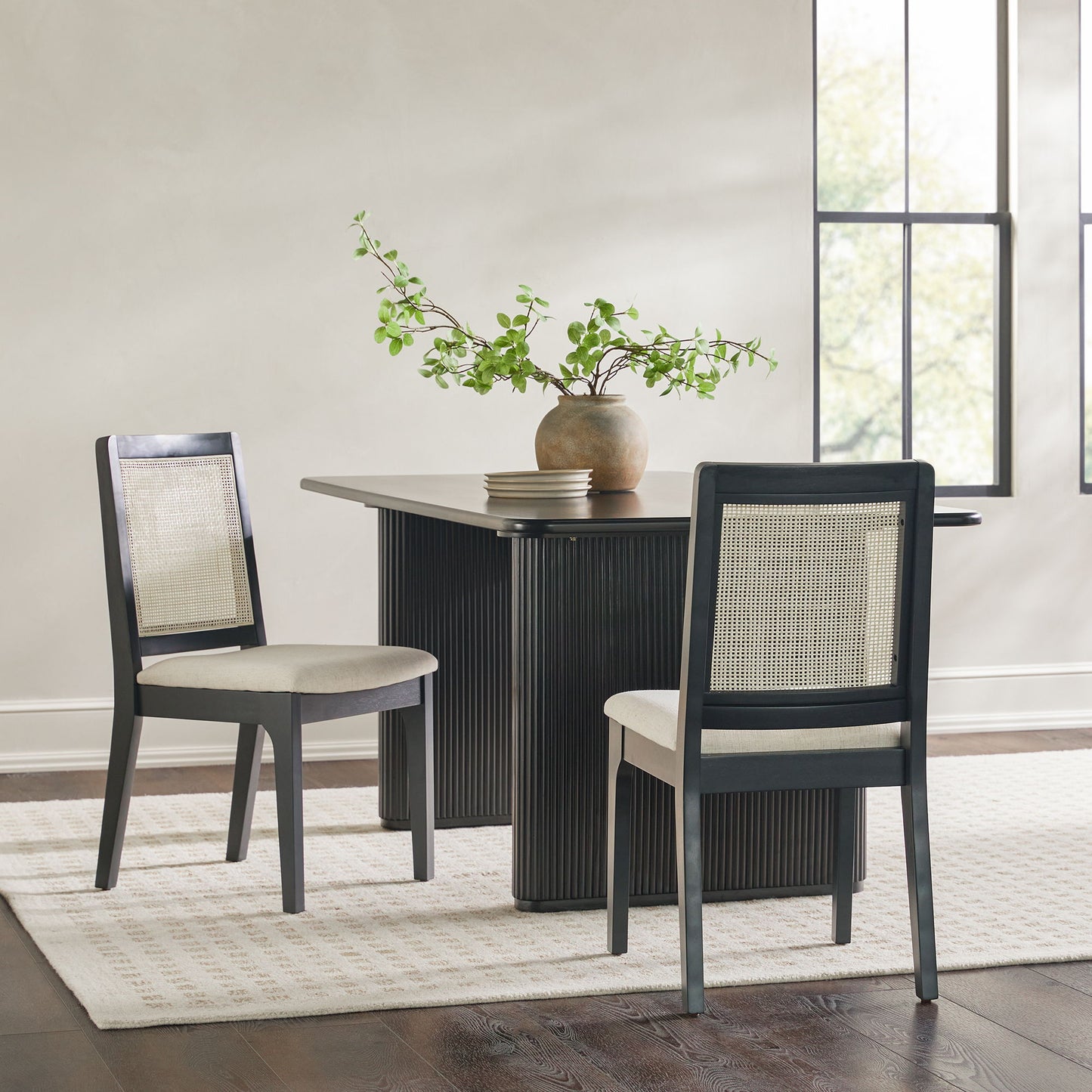 Modern Solid Wood Dining Chair With Rattan Inset Back (Set of 2) - Black