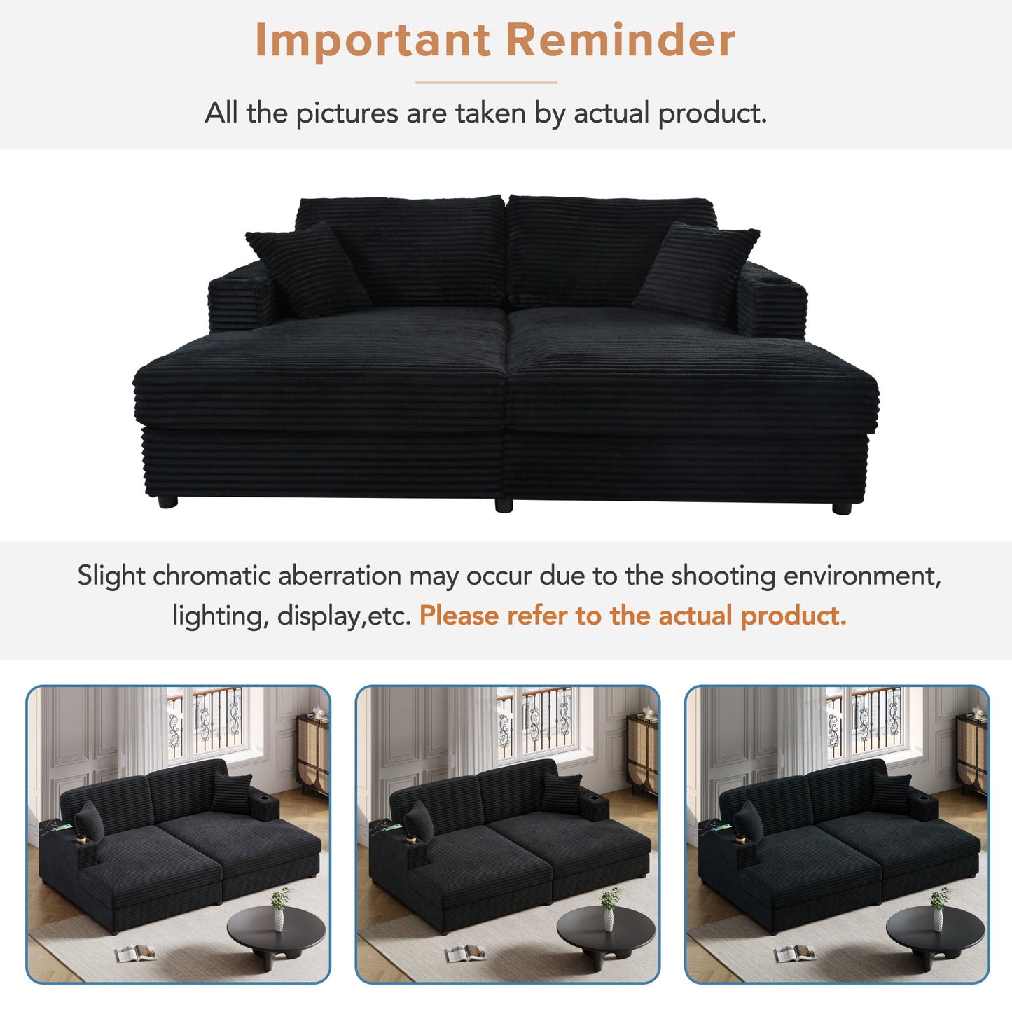 Oversized Loveseat Chaise Lounge Sectional Sofa Bed Corduroy Sleeper Sofa With 2 USB Ports, 2 Cup Holders And 2 Throw Pillows For Living Room And Bedroom - Black