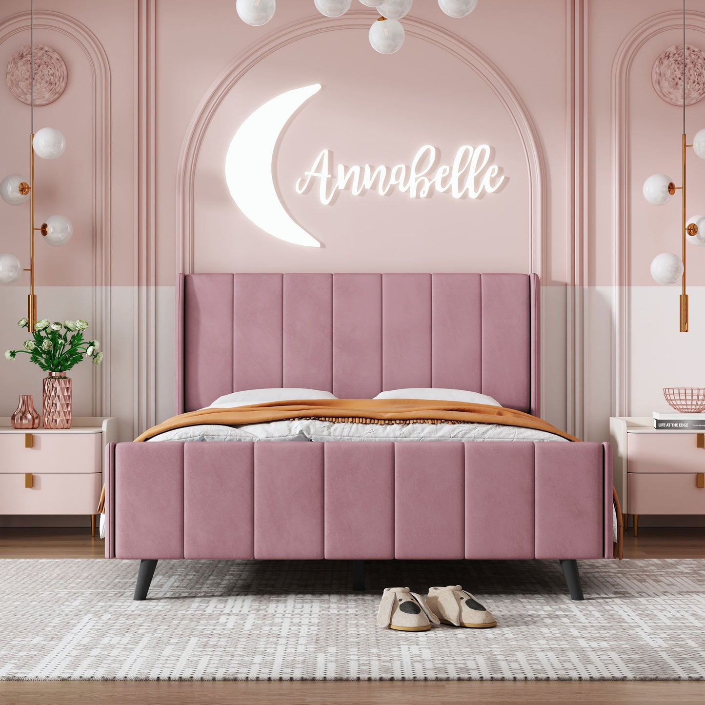 Full Size Upholstered Platform Bed - Pink