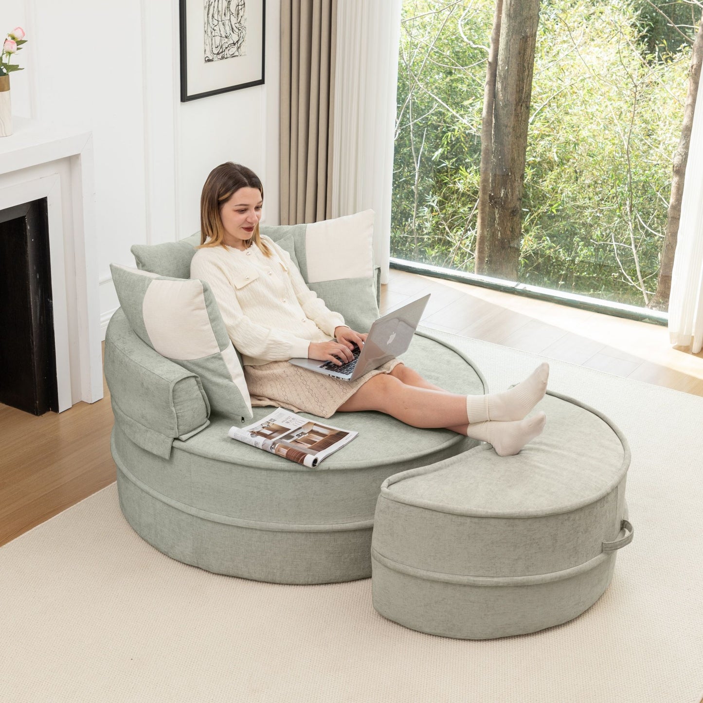 Modern Oversized Round Barrel Accent Chair With Ottoman Velvet Upholstered Lounge Armchair With 5 Pillows For Living Room Or Bedroom - Green