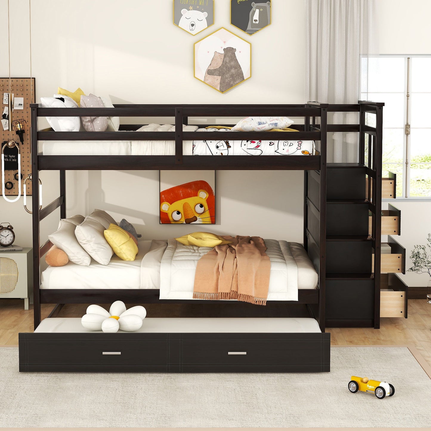 Full Over Full Bunk Bed With Twin Size Trundle And Staircase - Espresso