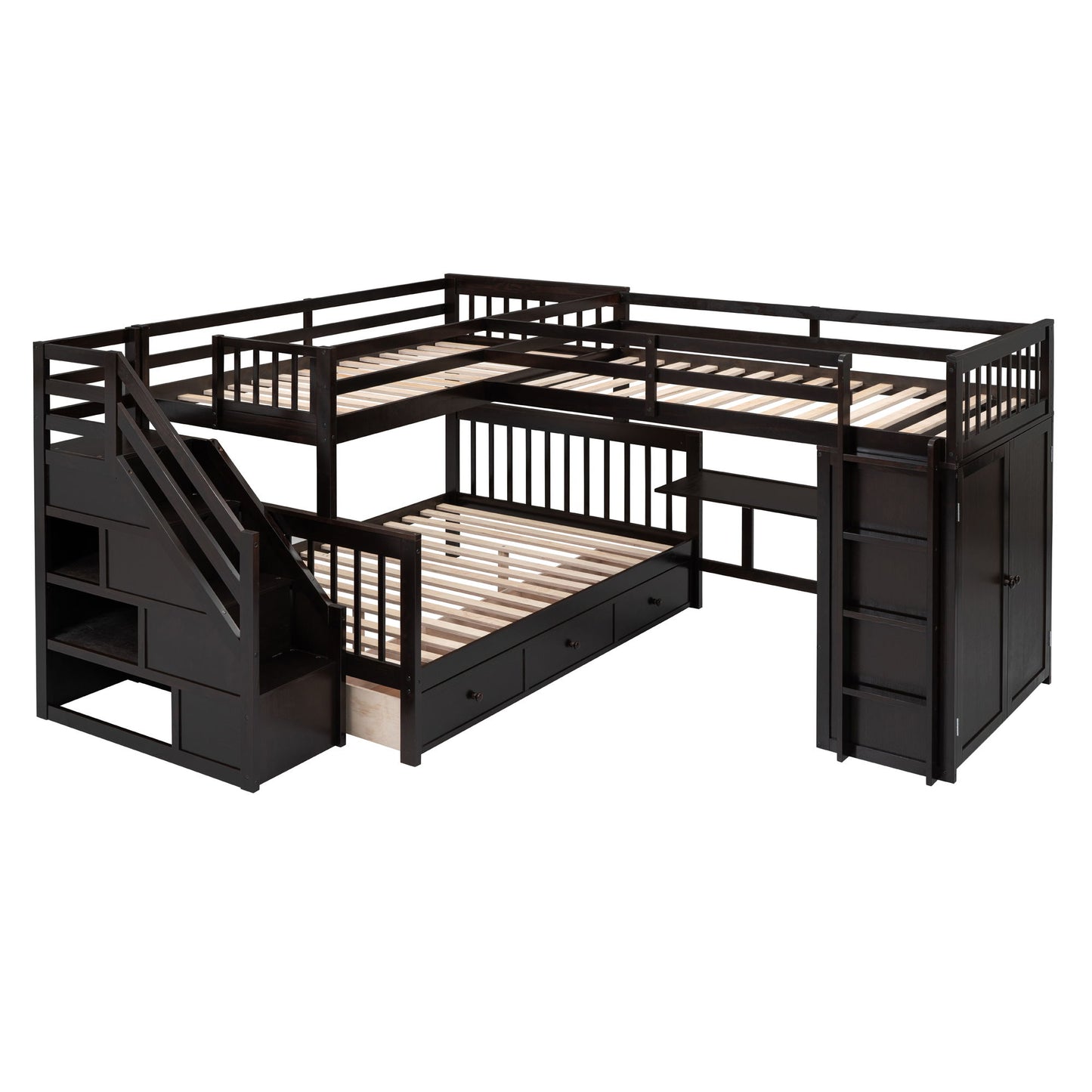 Twin Twin Over Full L Shaped Bunk Bed With 3 Drawers, Portable Desk And Wardrobe - Espresso