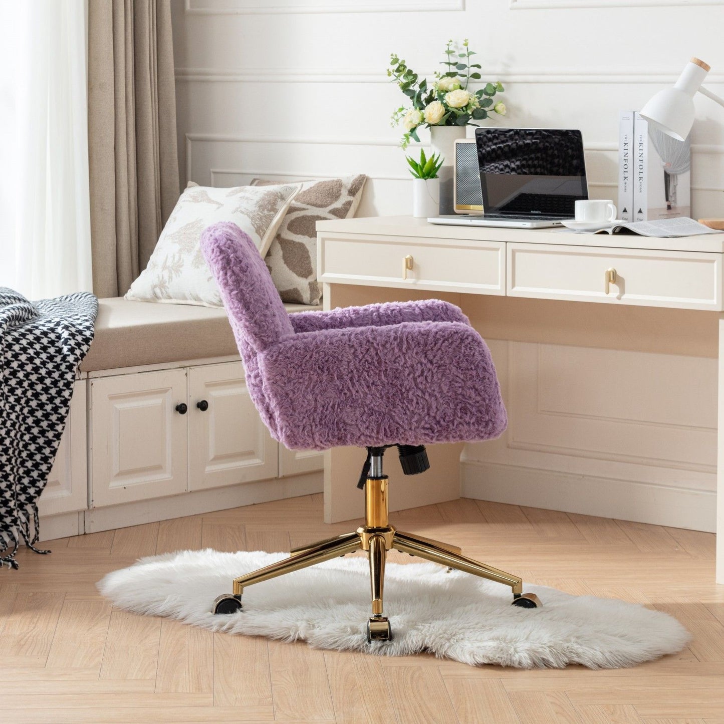 Office Chair, Artificial Rabbit Hair Home Office Chair With Golden Metal Base, Adjustable Desk Chair Swivel Office Chair, Vanity Chair - Violet