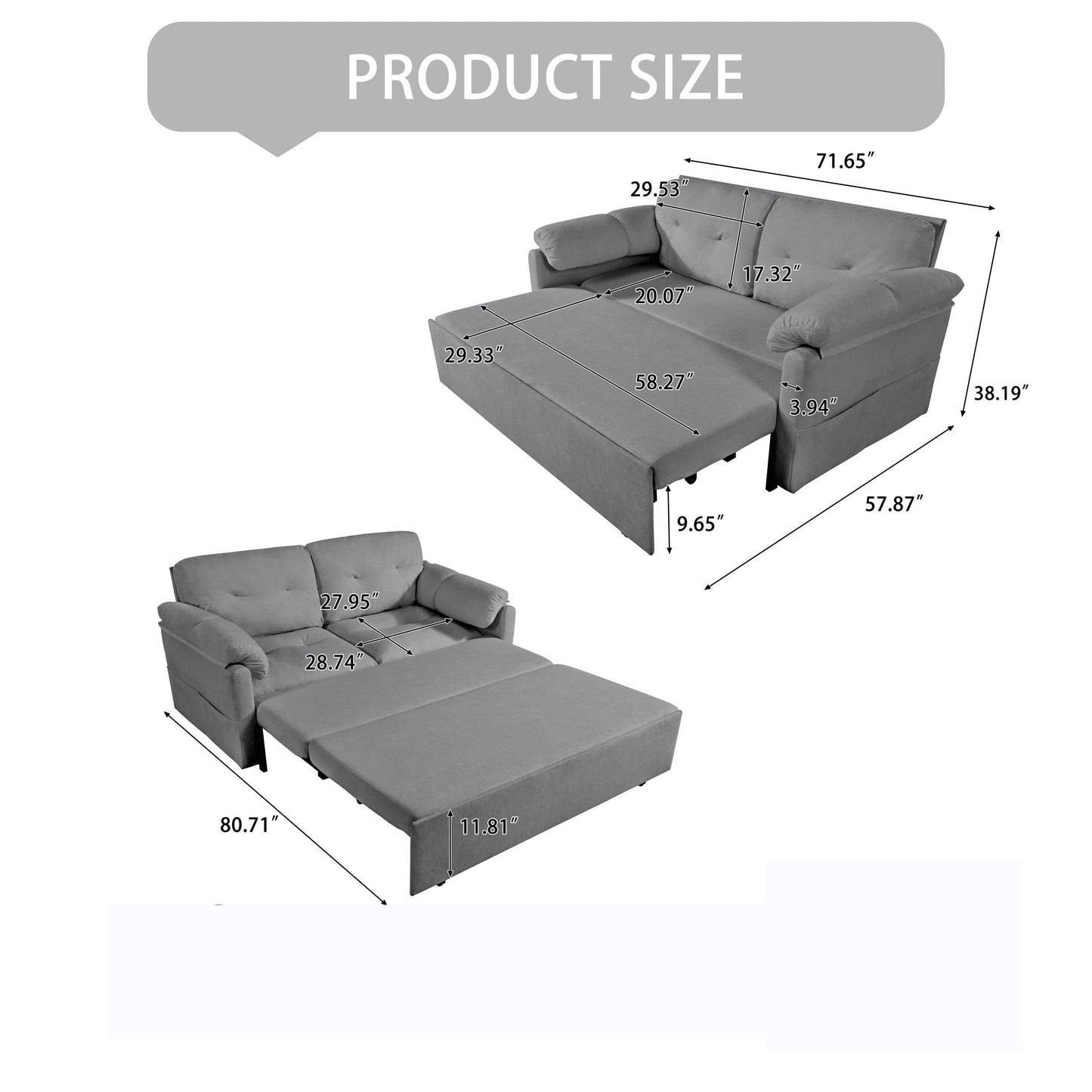 Modern Convertible Sleeper Sofa Bed With Pull Out Queen Design, Side Storage & Thick Cushions Chenille Loveseat For Living Room Or Bedroom 3 In 1 Function - Gray