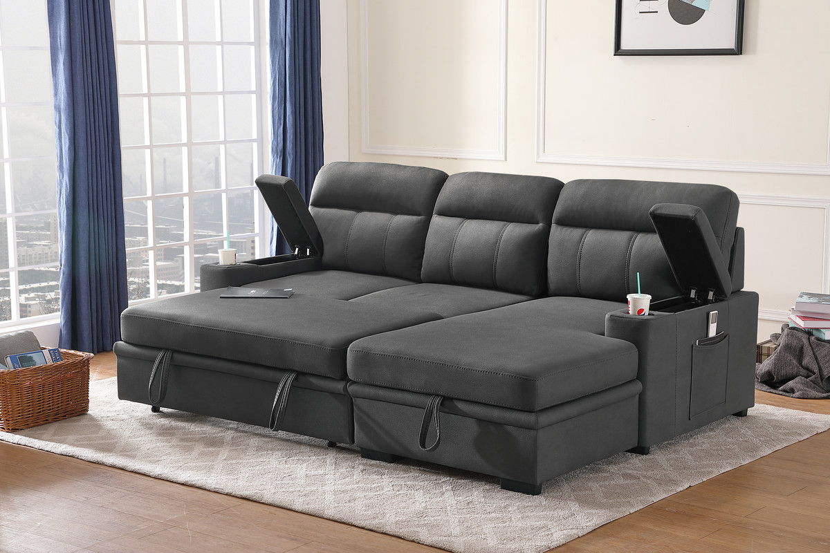 Kaden - Sleeper Sectional Sofa Chaise With Storage Arms And Cupholder - Gray