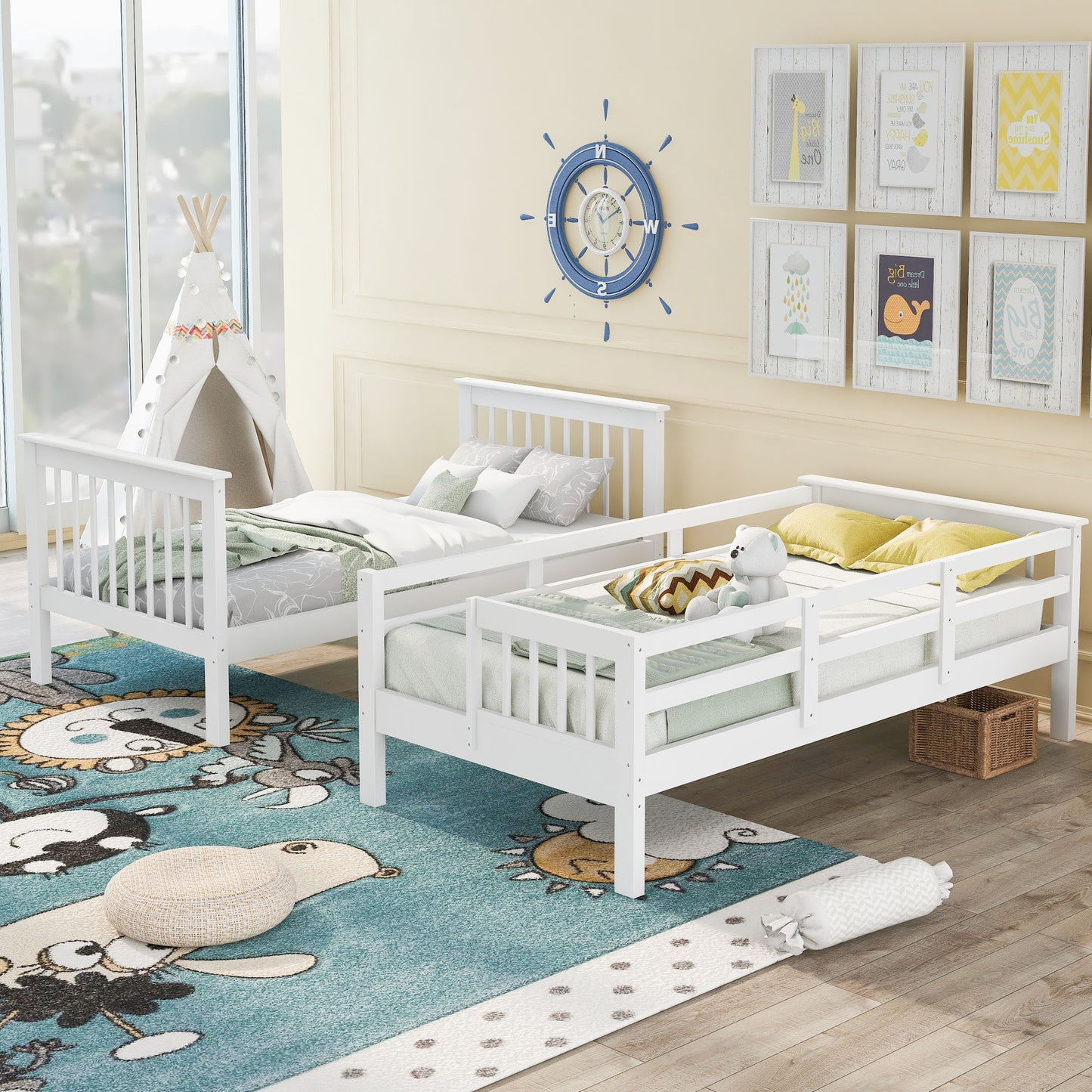 Twin Over Twin Stairway Bunk Bed With Storage And Guard Rail For Bedroom - White