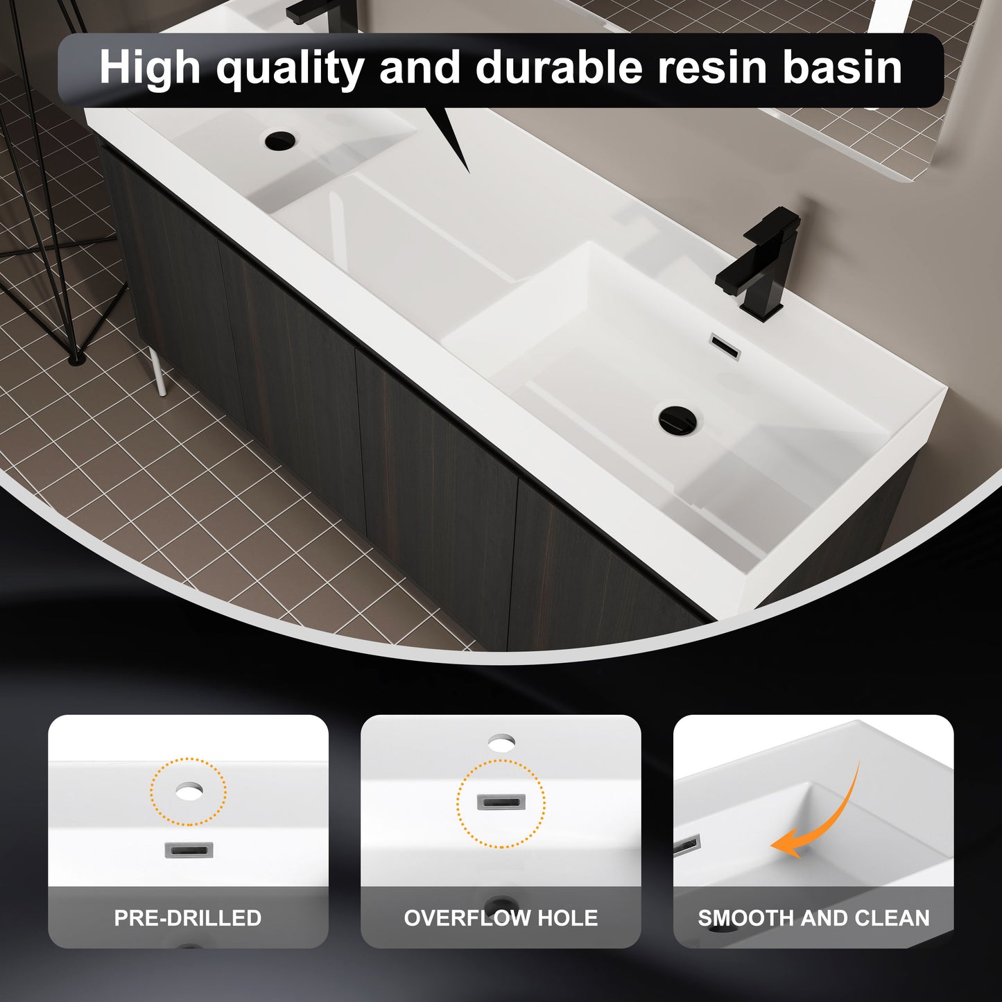 Deluxe 60" Freestanding Bathroom Vanity With Resin Double Sink - Dark Oak