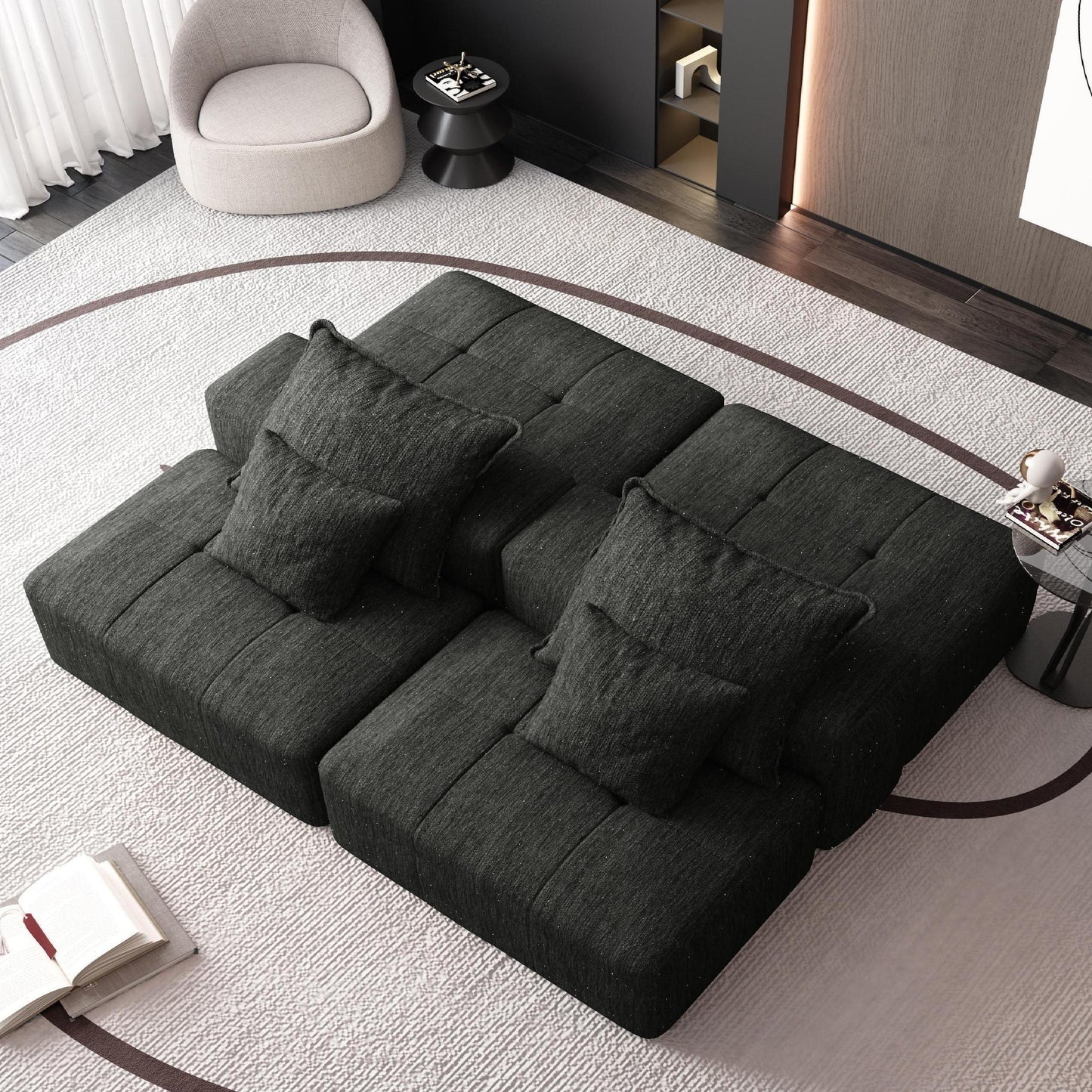Modern Oversized Modular Sectional Sofa With 2 Ottoman And 2 Seat, Sparkling Chenille Fabric Soft Cushion Sofa With 4 Pillows, 4 Pieces Diy Combination Tufted Sofa, No Assembly Required - Black